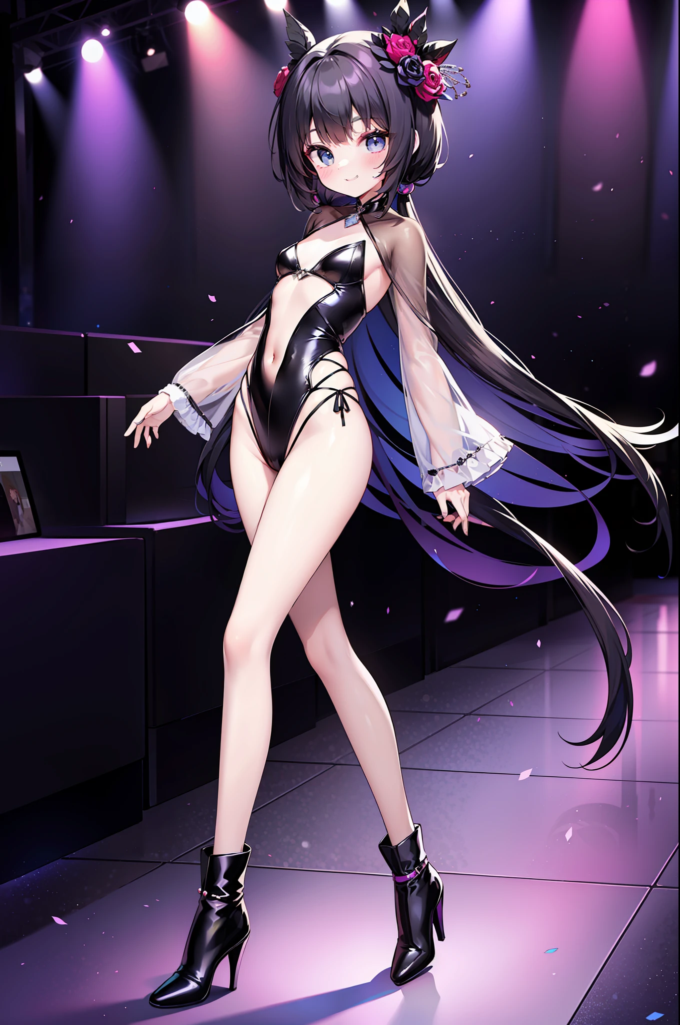 A supermodel parading down a Paris catwalk. She wears a groundbreaking and avant-garde look. The catwalk is spectacularly illuminated. She faces the camera with a firm and decisive step and smiles sweetly.