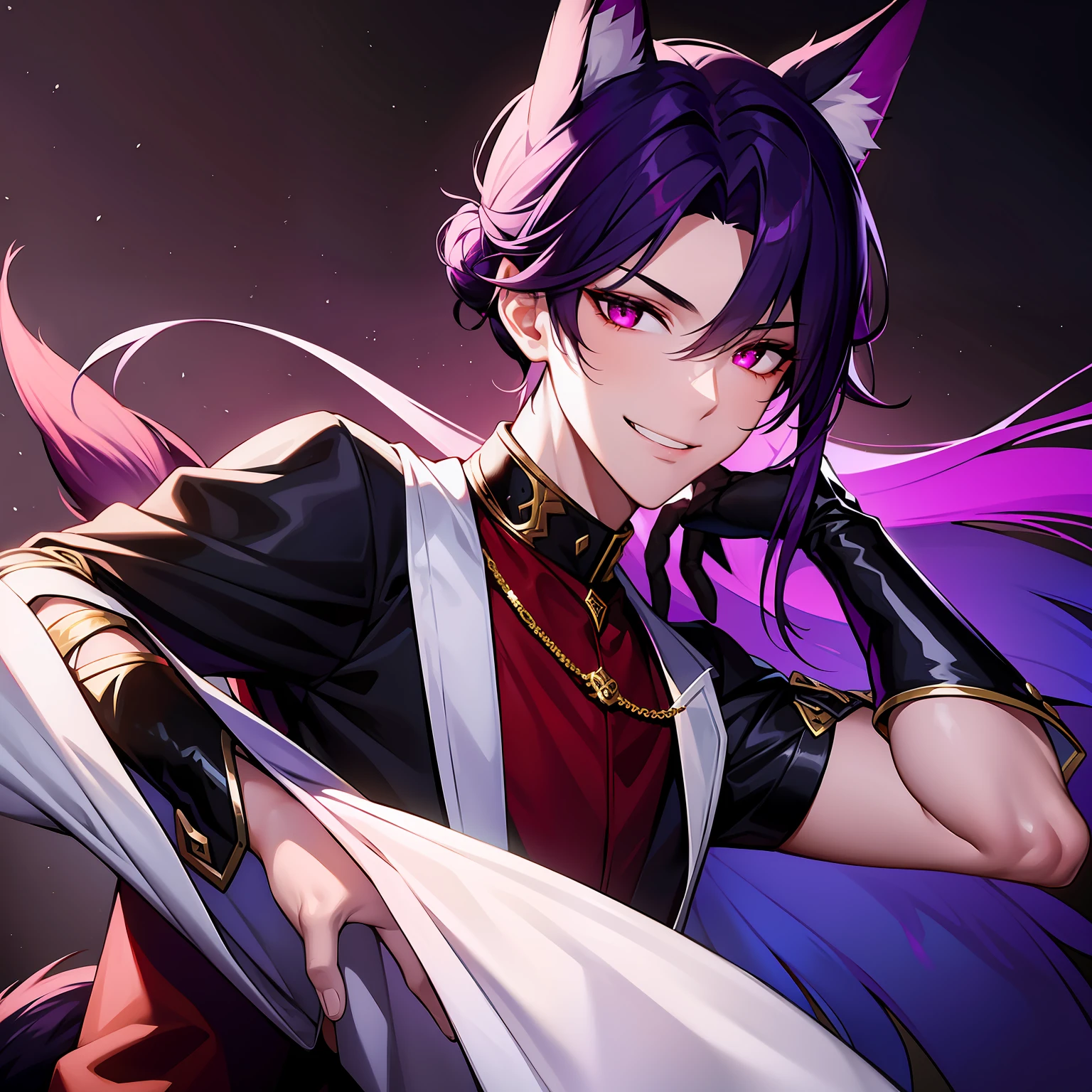 A young guy, cute facial features, dark purple hair gathered in a low bun, faded red eyes, white strict clothes with free light sleeves with lots of jewelry, long black gloves, fox ears and tail, tired smile