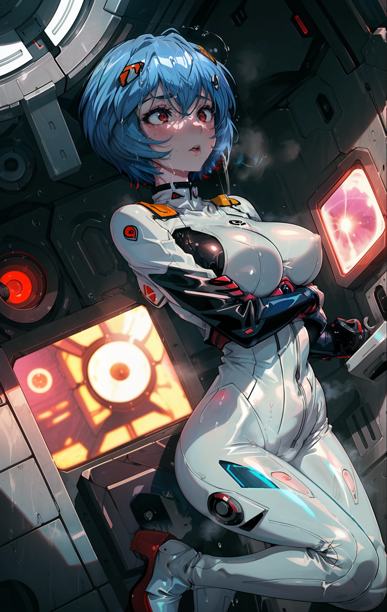 Only one girl, simple background, Looking up at an angle, Looking at the girl from the front, Girls' Centre, rei ayanami, short blue haired woman, Anime girl with long blue hair, Overall chubby, Lower your face, upper eyes, red eyes, inexpressive, pale skin, Oily sheen on the skin, emphasis on the chest, black bodysuit, wet bodysuit, Huge udder, long drooping udder,,,, combat pose, elastic ass, Large convex areolas are also visible through the bodysuit, Huge-breasts, Opening legs, stands, crotch emphasis, smooth feet, Erotica, Sex, Wet, Juice, steam, side-view, sweat drops, trembling, orgasm