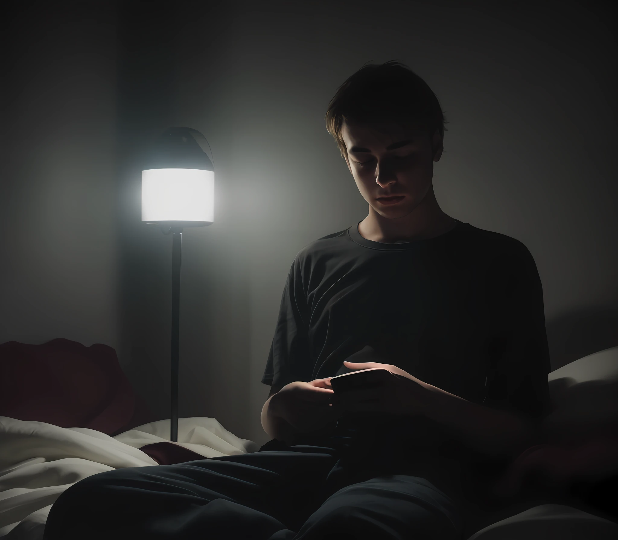 A young man, eyes glazed over, lost in the digital world, illuminated by the faint light of his phone in a dark bedroom.