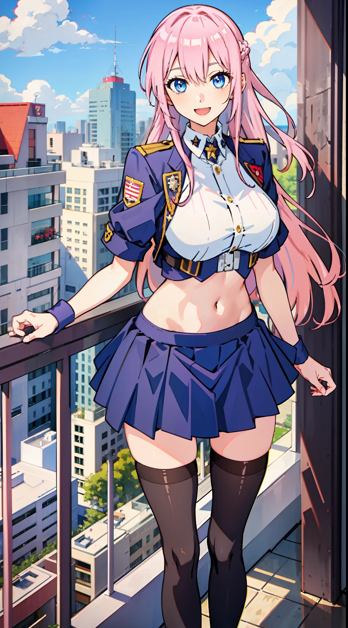 shikimori, slim legs, exposed navel, short skirt, beautiful eyes, blue eyes, happy, soldier uniform, pink hair, long hair, thigh high socks, balcony, full body,