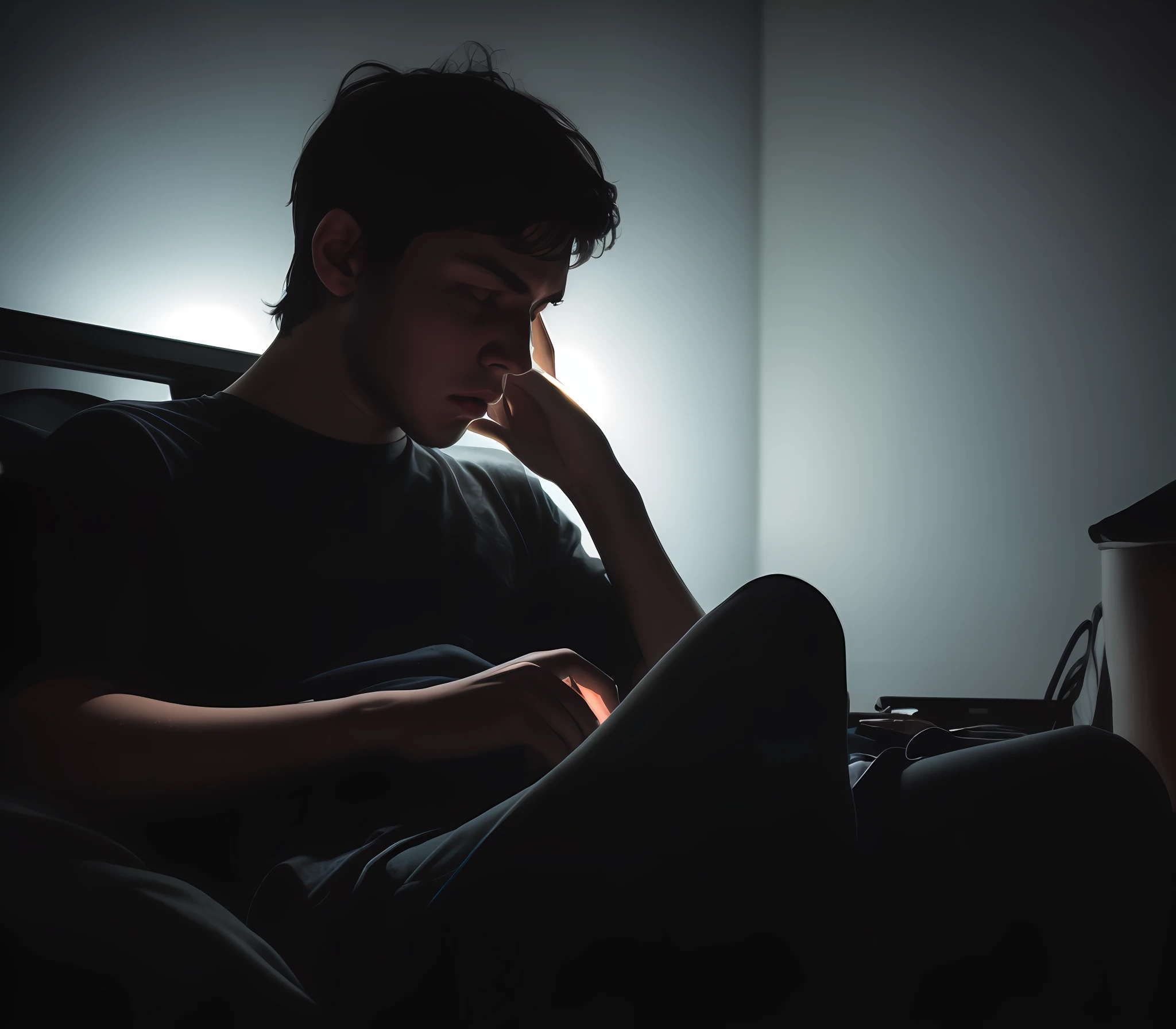 A young man, eyes glazed over, lost in the digital world, illuminated by the faint light of his phone in a dark bedroom.