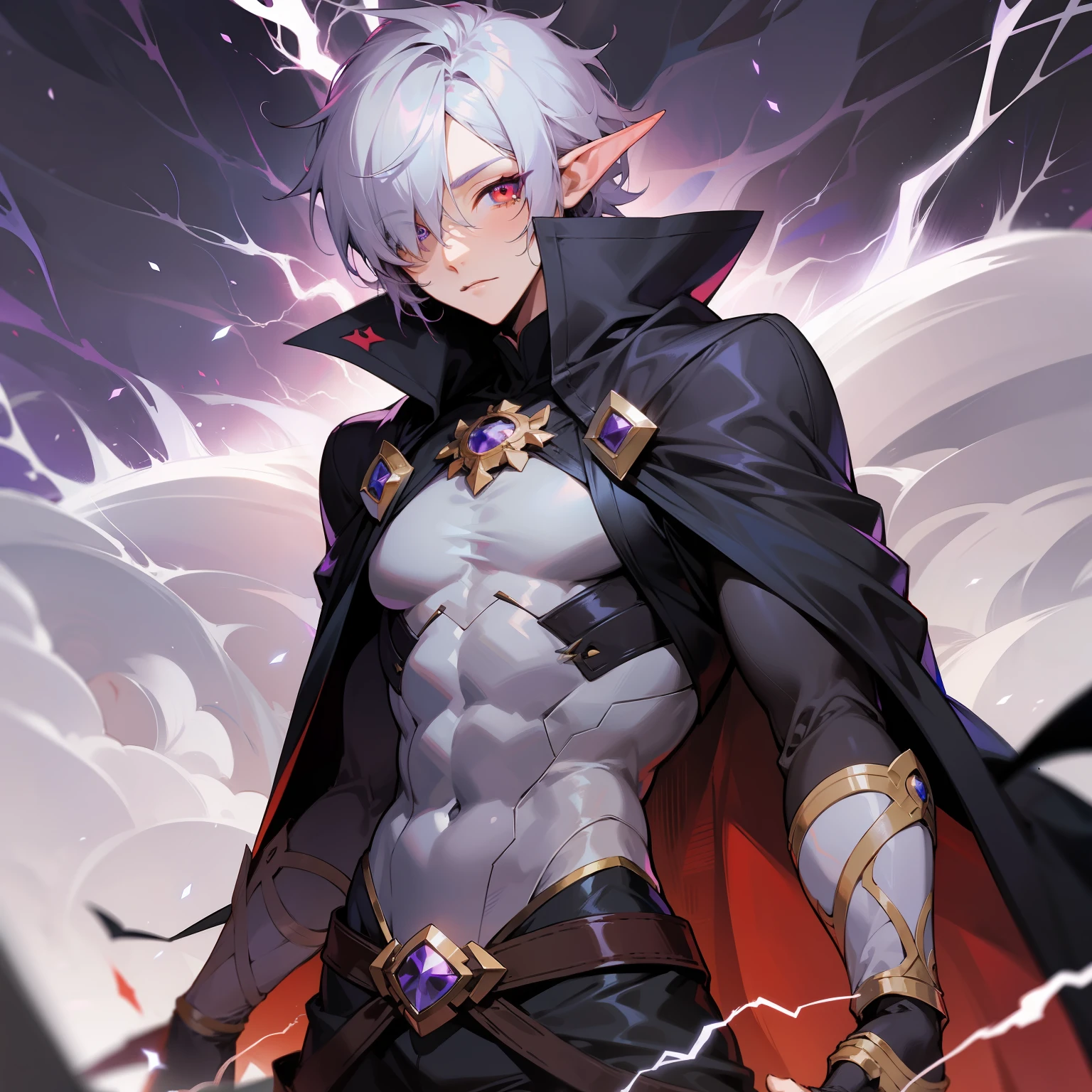anime style, older male character, black cape elf, one eye red the other purple, with lightning coming out of the body, platinum hair
