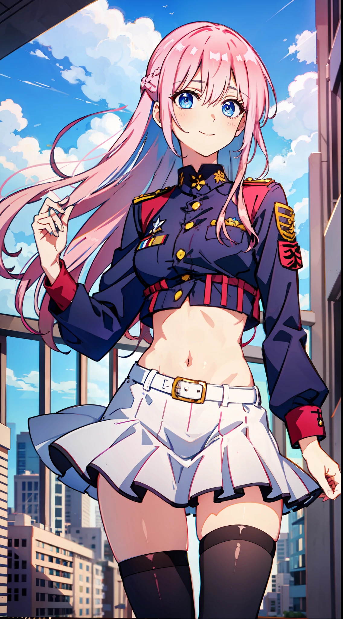 shikimori, slim legs, exposed navel, short skirt, beautiful eyes, blue eyes, happy, soldier uniform, pink hair, long hair, thigh high socks, balcony, full body,