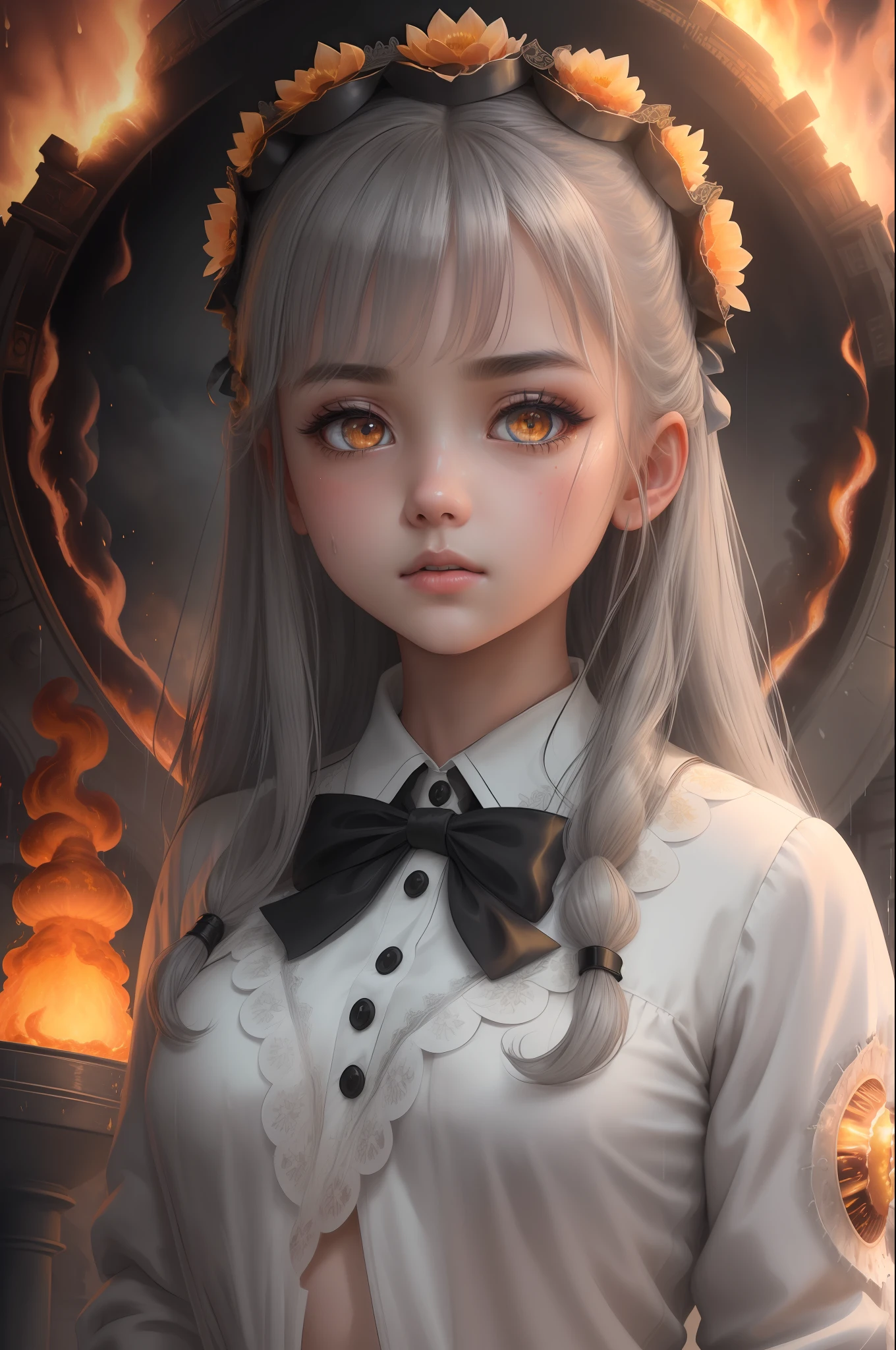 masterpiece,best quality, illustration,{beautiful detailed girl},beautiful detailed glow,(flames of war:1.2),(nuclear explosion behide:1.3),rain,detailed lighting,detailed water,(beautiful detailed eyes:1.1),expressionless,palace,azure hair,disheveled hair,long bangs,hairs between eyes,(whitegrey dress:1.1),black ribbon,white bowties,midriff,big forhead,blank stare,flower,long sleeves