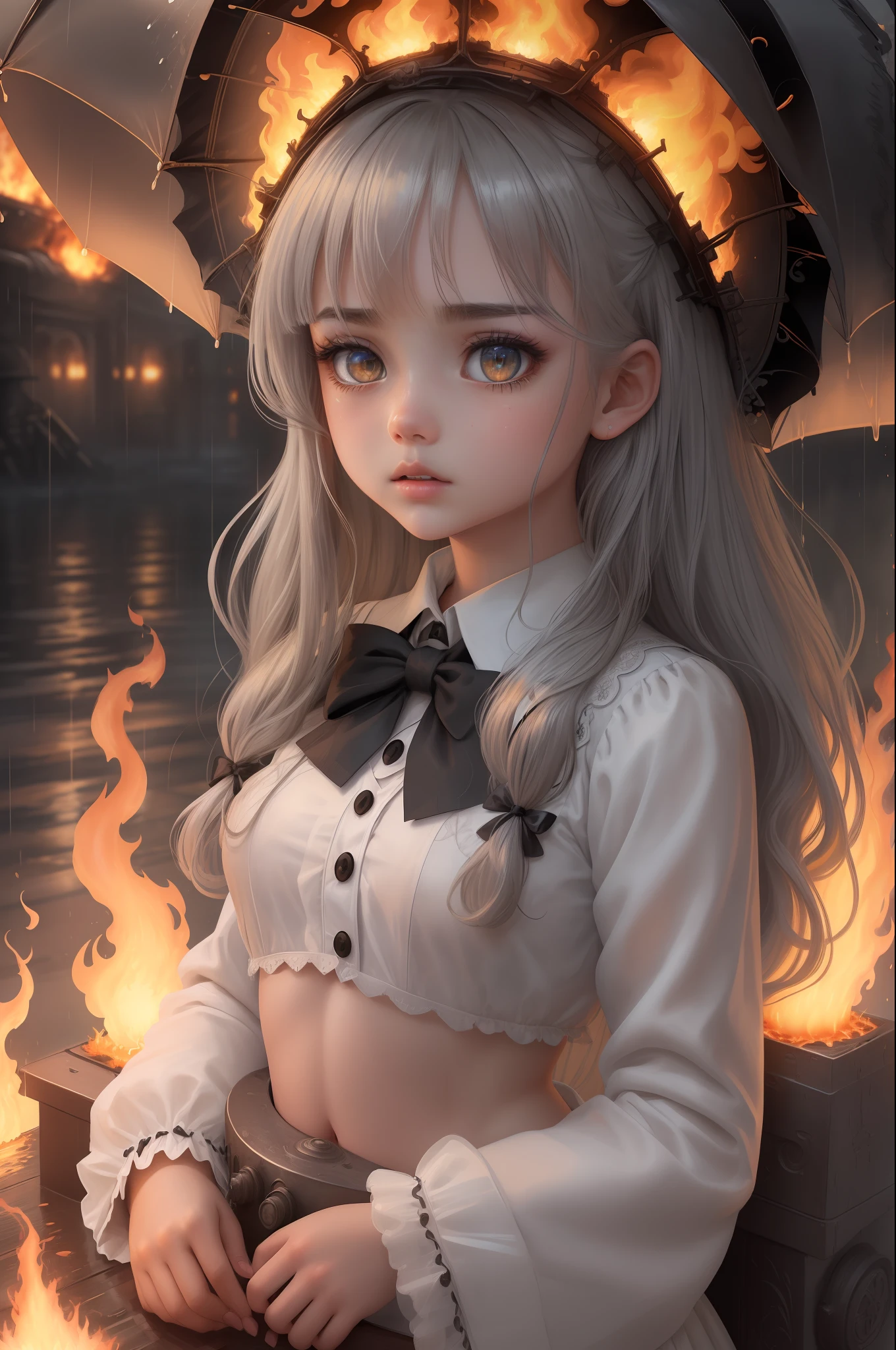 masterpiece,best quality, illustration,{beautiful detailed girl},beautiful detailed glow,(flames of war:1.2),(nuclear explosion behide:1.3),rain,detailed lighting,detailed water,(beautiful detailed eyes:1.1),expressionless,palace,azure hair,disheveled hair,long bangs,hairs between eyes,(whitegrey dress:1.1),black ribbon,white bowties,midriff,big forhead,blank stare,flower,long sleeves