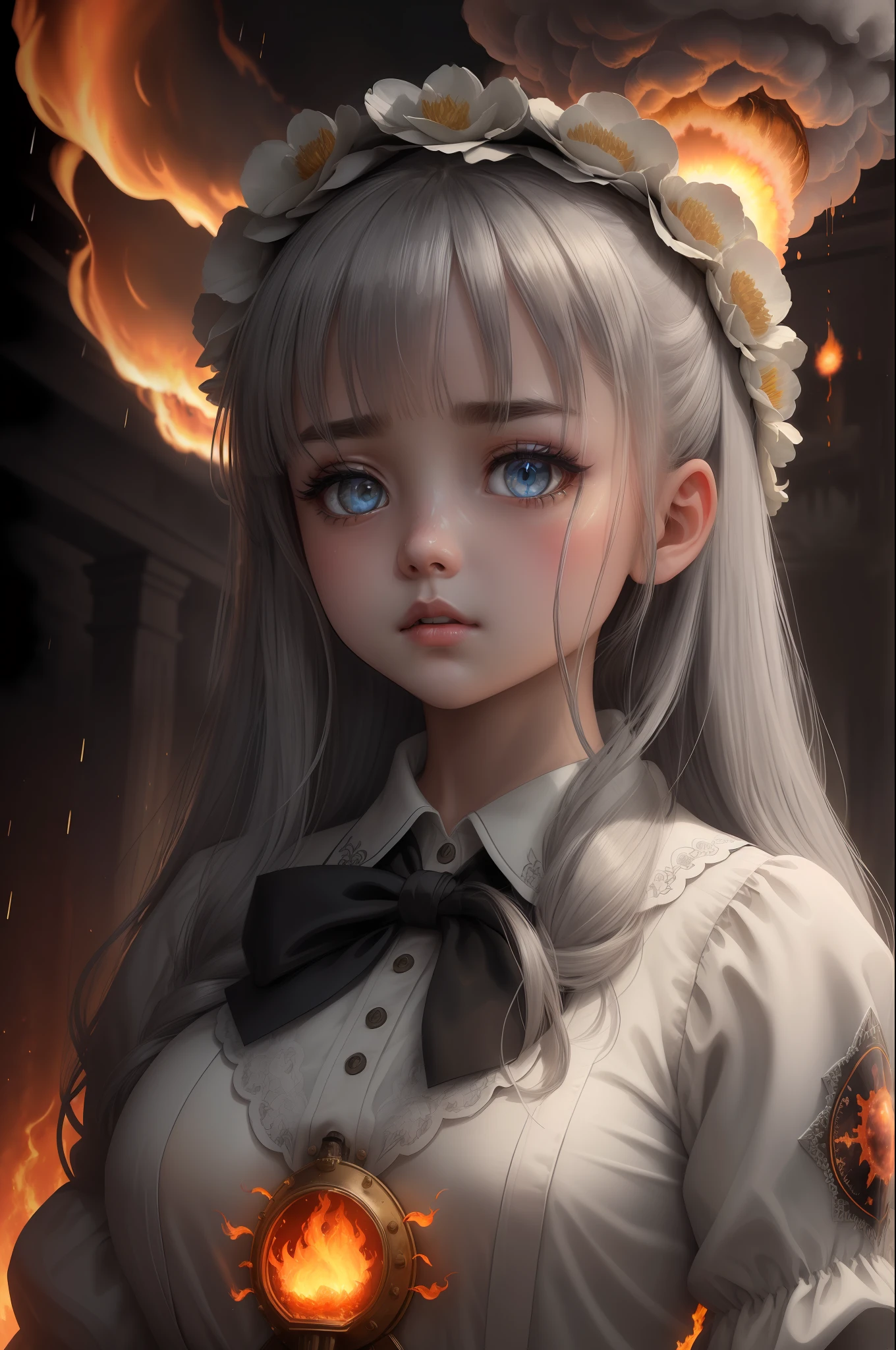 masterpiece,best quality, illustration,{beautiful detailed girl},beautiful detailed glow,(flames of war:1.2),(nuclear explosion behide:1.3),rain,detailed lighting,detailed water,(beautiful detailed eyes:1.1),expressionless,palace,azure hair,disheveled hair,long bangs,hairs between eyes,(whitegrey dress:1.1),black ribbon,white bowties,midriff,big forhead,blank stare,flower,long sleeves