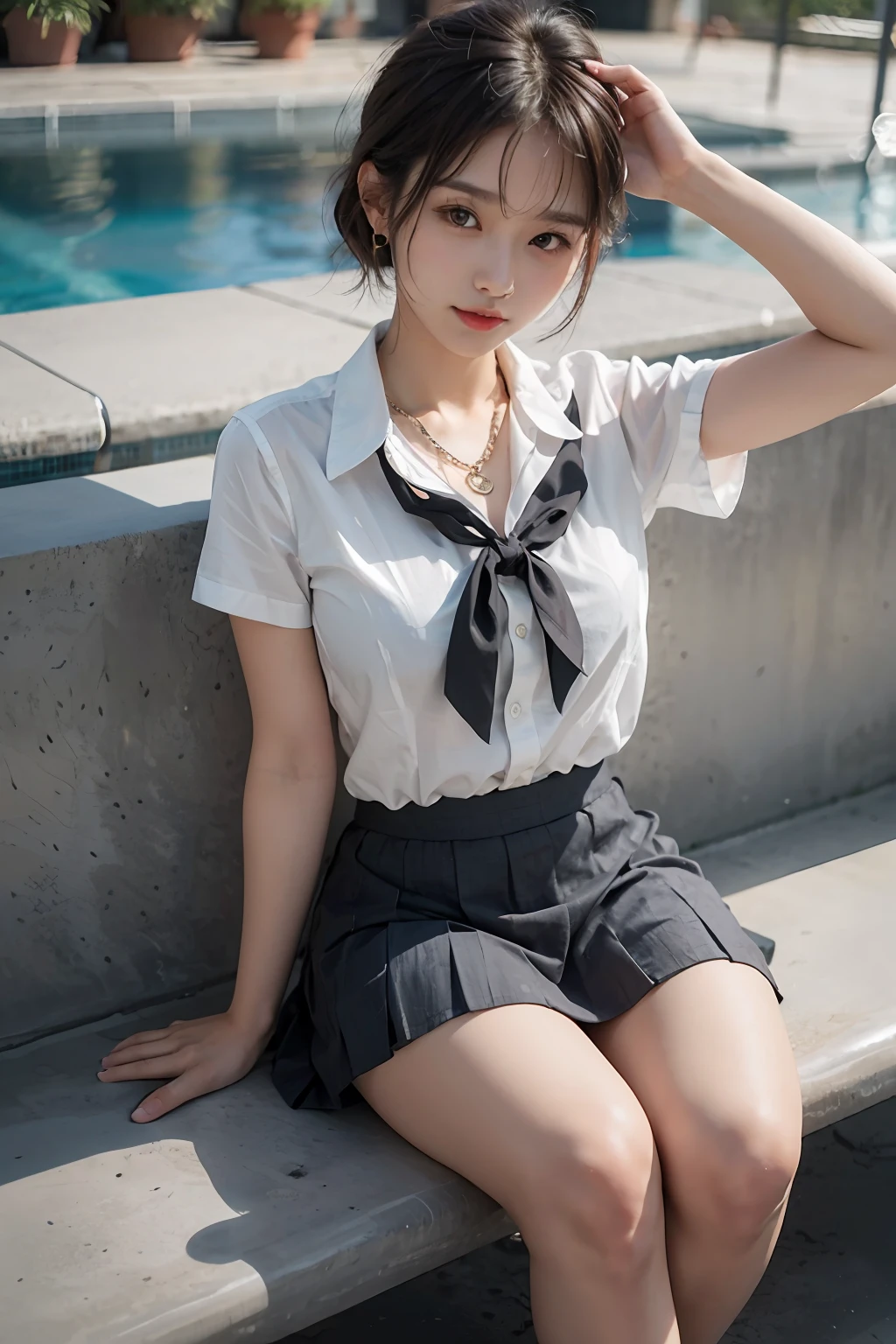 Korean school uniform, school uniform shirt, ribbon, skirt, bright brown hair, school poolside, poolside bench, 8K RAW photo, high resolution, 16 year old cute korean, big round breasts, beautiful eyes in detail, long eyelashes, beautiful double eyelids, slit eyes, elongated eye shape, sanpaku eyes, duck mouth, evil smile, evil look, beautiful very thin legs, beautiful very thin thighs, random short hair, hair tied behind the head, earrings, necklaces,