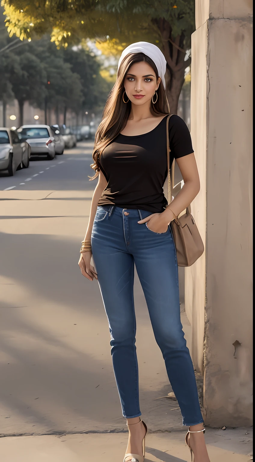 ((Best Quality, 8k, Masterpiece:1.3)), Focus: 1.2, Perfect Body Beauty: 1.4, front looking 1.2, (long straight hairstyle)), (Black round neck plain Tee-shirt, baggy fitting:1.1) , (sunny and dusty weather, Street:1.3), Baggy fitting jeans , full length blue baggy jeans: 1.1, Highly detailed face and skin texture, Detailed eyes, Double eyelids, toned body, Whitened skin, smile, black straight hair's, heels, firm breasts, firm thiges, looking at camera, fashion shoot style, Palestinian scarves on head, full body length tee-shirt, Short sleeves, high heels, big earrings, hand bangle's and golden watch. Carrying brown hand bag, No lipstick, baggy Teeshirt, standing at Delhi Gate Lahore Pakistan, wearing checkered scarves on neck