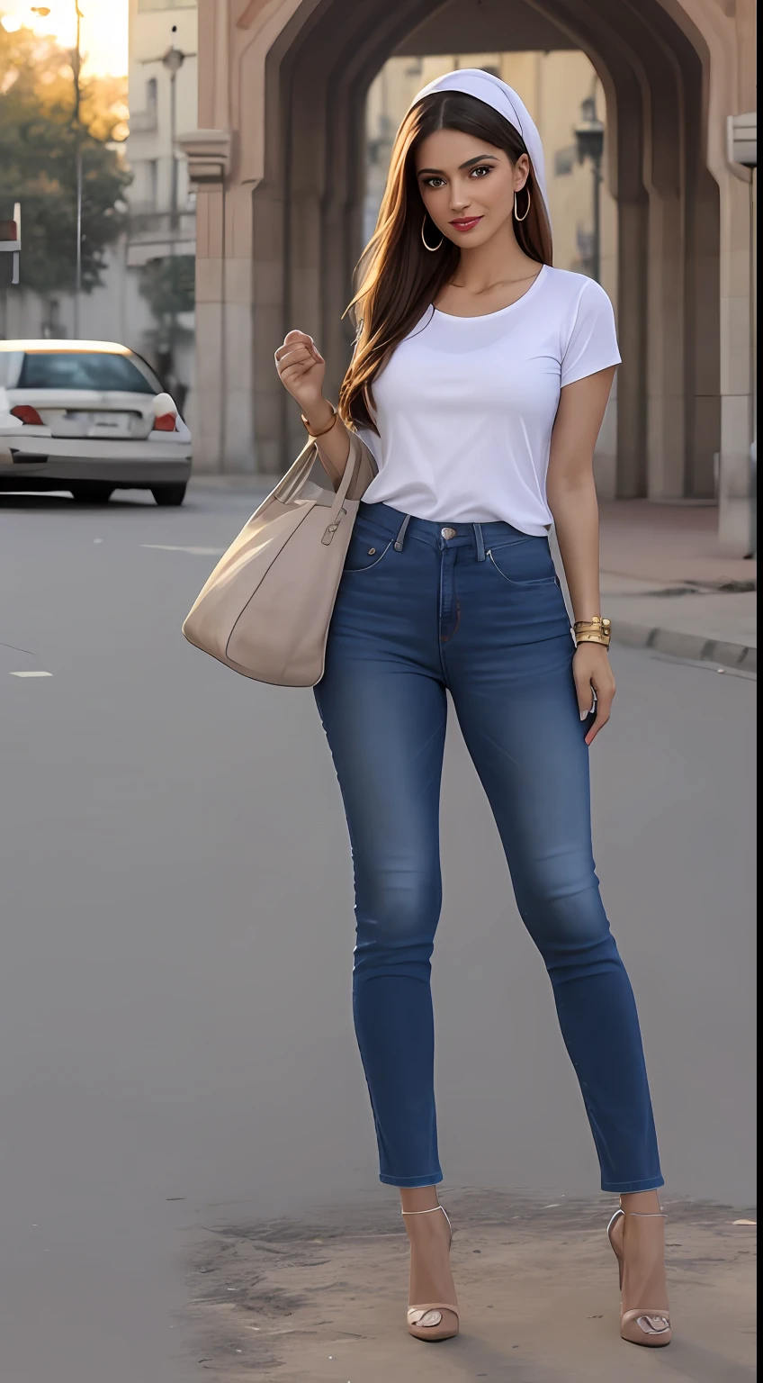 ((Best Quality, 8k, Masterpiece:1.3)), Focus: 1.2, Perfect Body Beauty: 1.4, front looking 1.2, (long straight hairstyle)), (Black round neck plain Tee-shirt, baggy fitting:1.1) , (sunny and dusty weather, Street:1.3), Baggy fitting jeans , full length blue baggy jeans: 1.1, Highly detailed face and skin texture, Detailed eyes, Double eyelids, toned body, Whitened skin, smile, black straight hair's, heels, firm breasts, firm thiges, looking at camera, fashion shoot style, Palestinian scarves on head, full body length tee-shirt, Short sleeves, high heels, big earrings, hand bangle's and golden watch. Carrying brown hand bag, No lipstick, baggy Teeshirt, standing at Delhi Gate Lahore Pakistan, wearing checkered scarves on neck