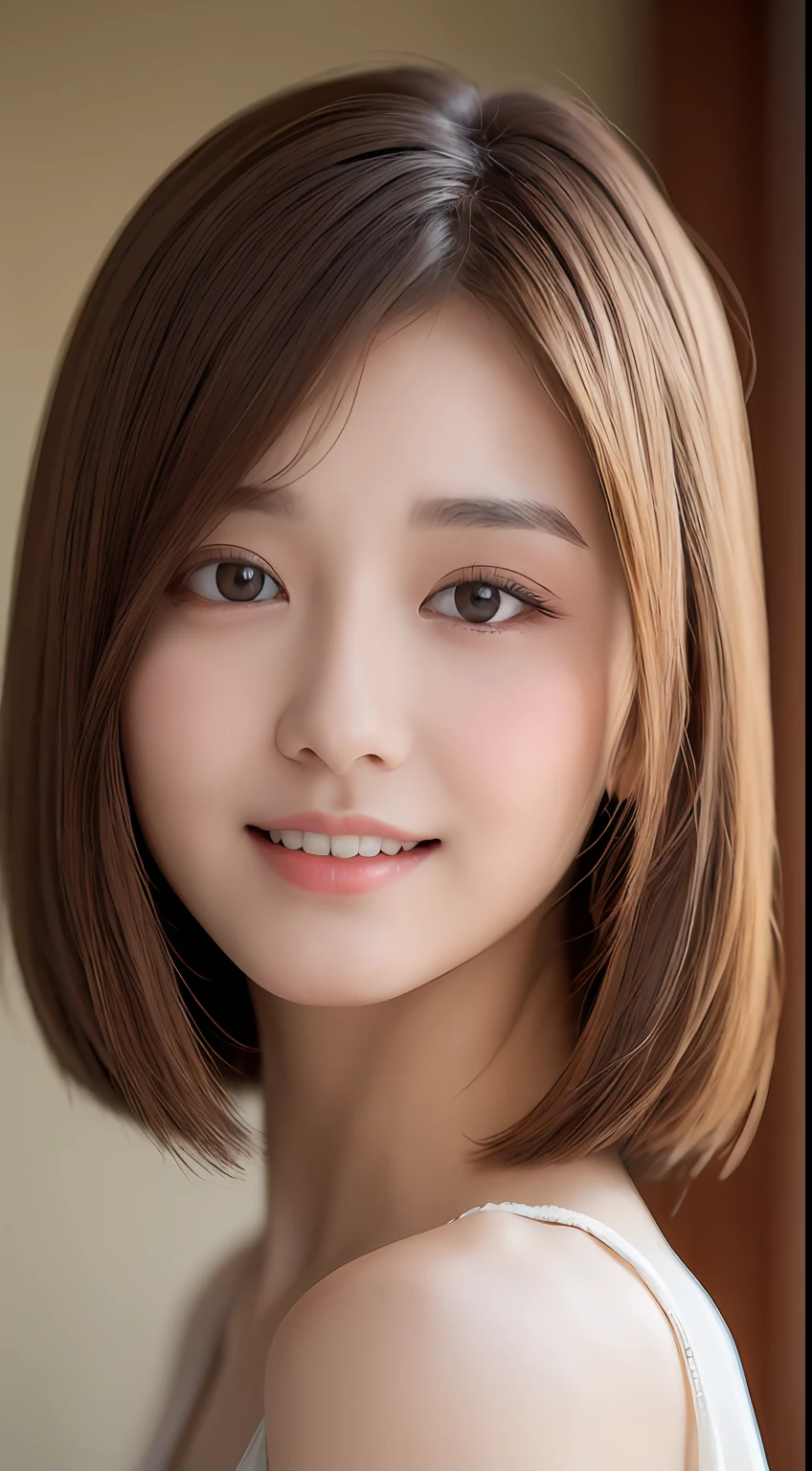 ((Best Quality, 8K, Masterpiece: 1.3)), 1 Girl, Slim Abs Beauty: 1.3, (Hairstyle Brown Hair Shortcut, Big: 1.2), Dress: 1.1, Super Slender Face, Delicate Eyes, Double Eyelids, Smile, Home, Raw Photo
