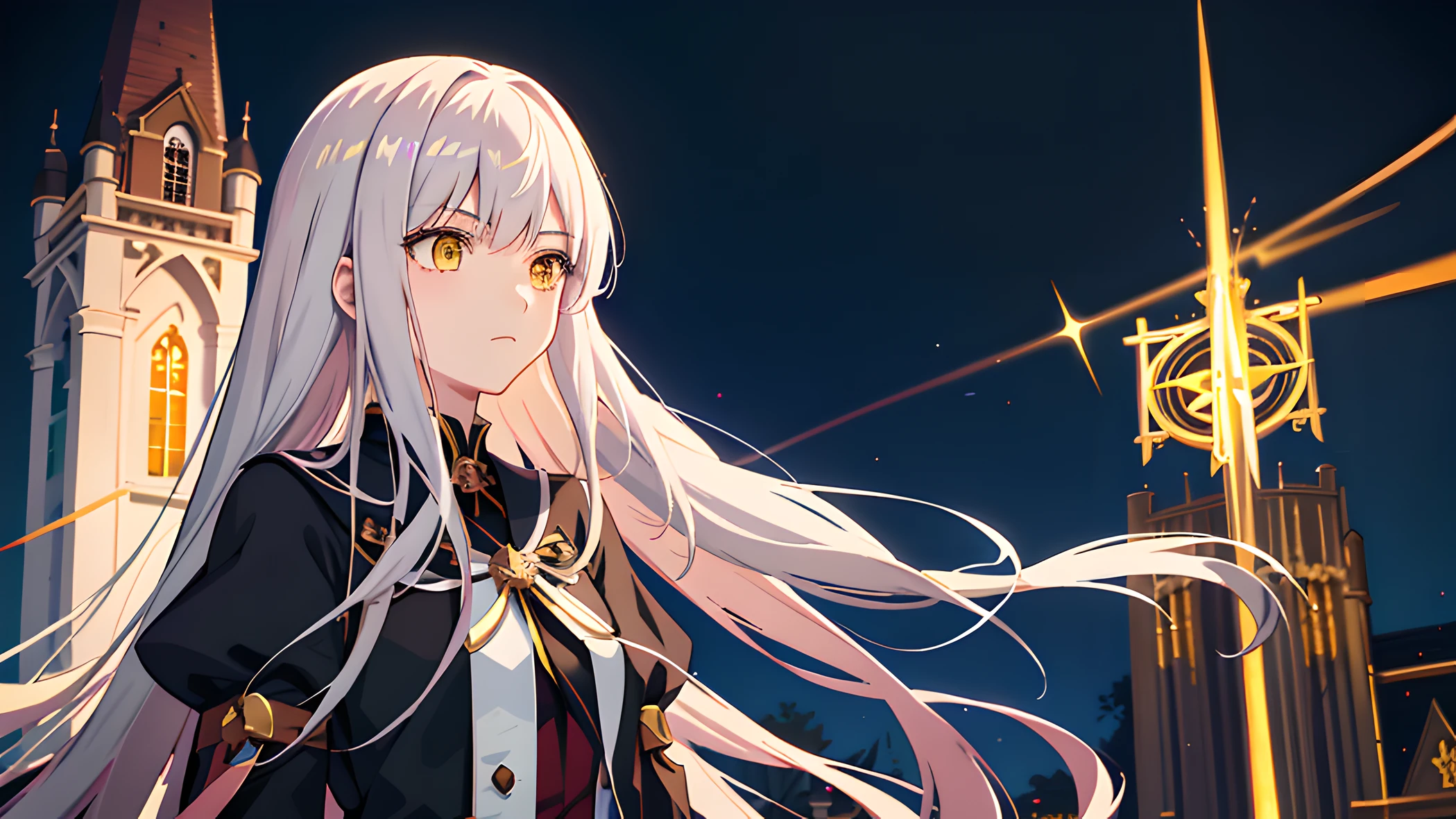 Anime girl with long hair and yellow eyes standing in front of church, anime moe art style, anime style like fate/Stay Night, Gothic Maiden anime girl, Anime visuals of cute girls, by Jin Homura, Anime Girl with Long Hair, marin kitagawa fanart, iwakura lain, portrait gapmoe yandere grimdark, High quality anime art style