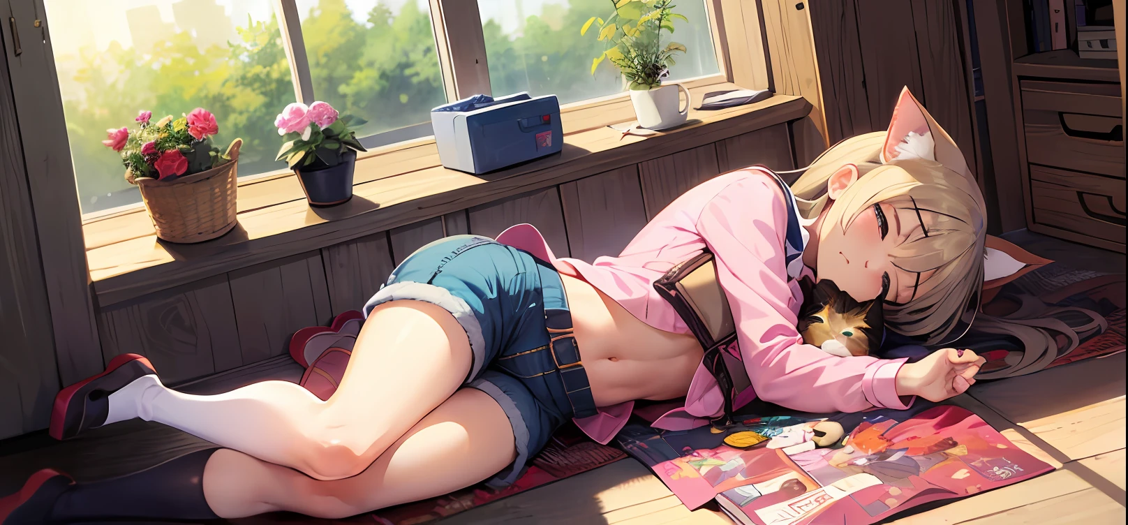 Anime girl lying on the ground with a cat on her lap, anime cat girl, Kanaoka Hair, catgirl, attractive girl, I closed my eyes, green colored eyes, Yawns, Sweet girl, great quality, Art, tmasterpiece, Kobayashi Kiyochika, cat girl, pixiv, cats on her side, cute anime girl, by Kamisaka Sekka, ecchi, Erotica, Clear image, mordred, crop-top, Shorts, Lies, cutie