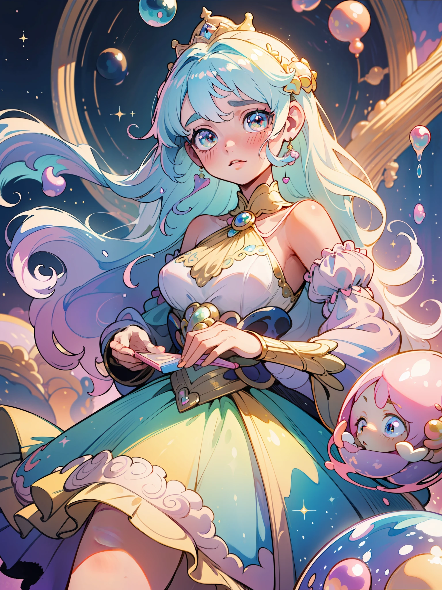 masterpiece, best quality, 8k resolution, sharp focus, intricate detail, beautiful girl, sparkling eyes, golden ratio face, otherworldly liquid, watercolor, ((pastel colors)), bright colors, whimsical, colorful, sharp focus, high resolution, fine detail, princess fantasy ballgown, ((round eyes)), iridescent bubbles, castle landscape in background