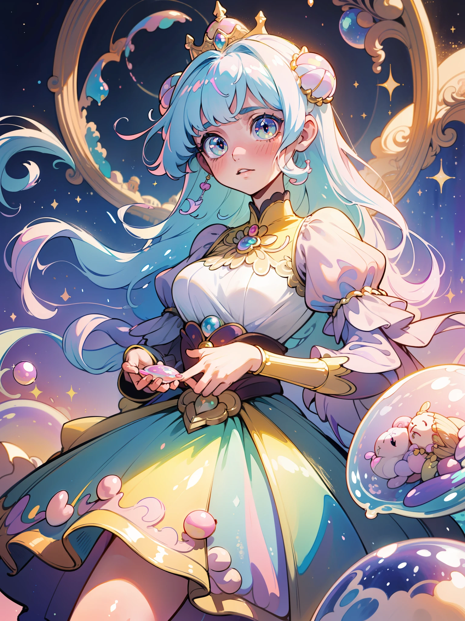 masterpiece, best quality, 8k resolution, sharp focus, intricate detail, beautiful girl, sparkling eyes, golden ratio face, otherworldly liquid, watercolor, ((pastel colors)), bright colors, whimsical, colorful, sharp focus, high resolution, fine detail, princess fantasy ballgown, ((round eyes)), iridescent bubbles, castle landscape in background