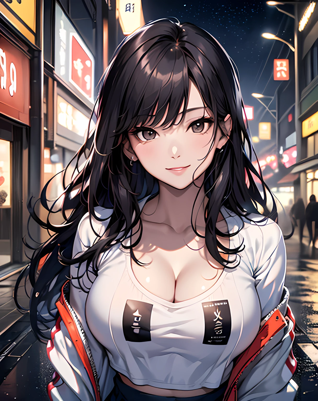 (8k, best quality, masterpiece:1,2), (realistic, photo-realistic:1,37), top quality, masterpiece, a beautiful woman, wearing a shirt for women crop v neck top white t-shirt korean fashion women t with a tight open gray color jacket, beautiful and toned body, cleavage, floral mini skirt, walking in the suburbs, slightly drizzling night background, in shops with Korean-style shop lights, night atmosphere, asphalt, seductive smiles with dimples,