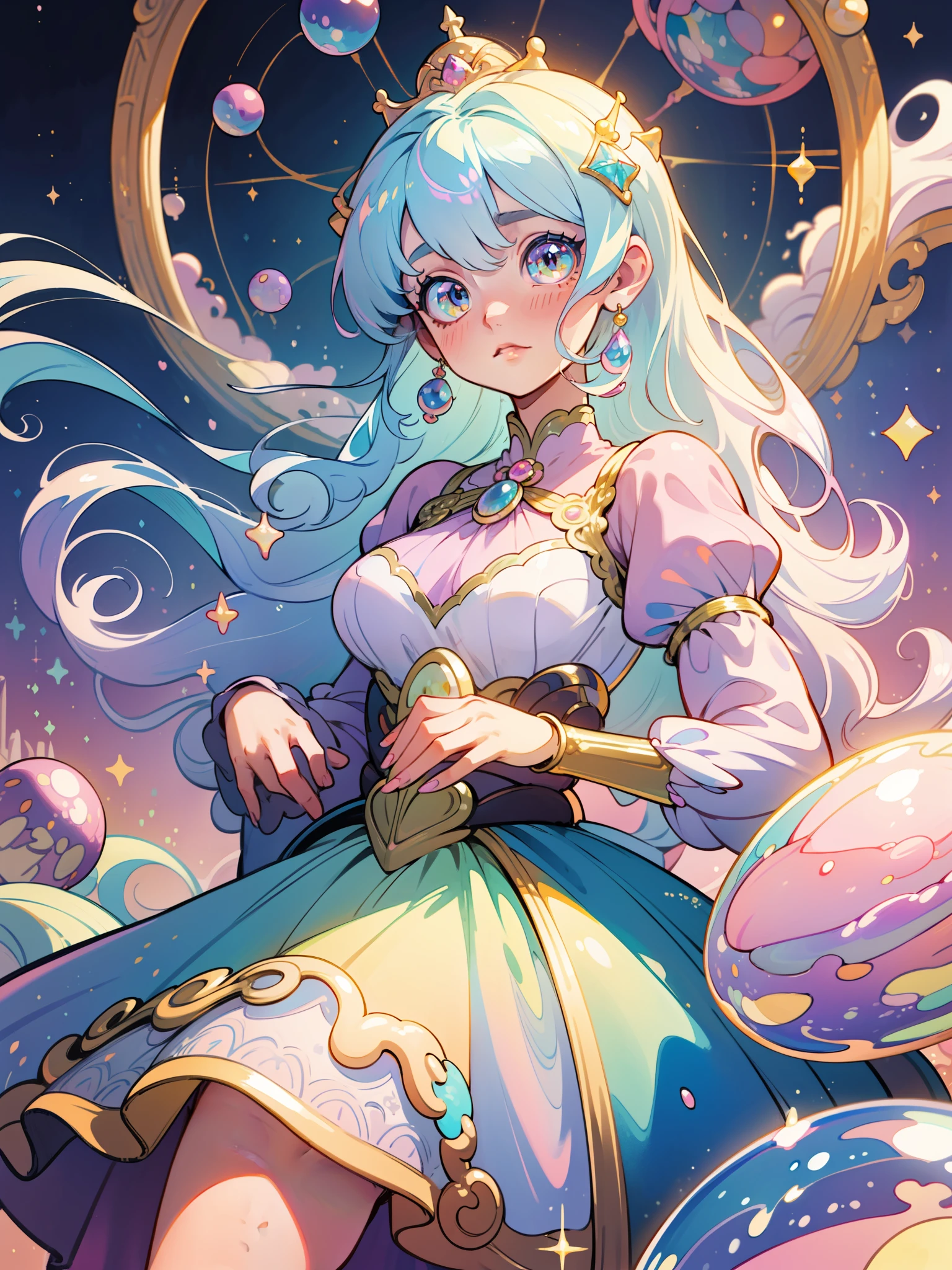 masterpiece, best quality, 8k resolution, sharp focus, intricate detail, beautiful girl, sparkling eyes, golden ratio face, otherworldly liquid, watercolor, ((pastel colors)), bright colors, whimsical, colorful, sharp focus, high resolution, fine detail, princess fantasy ballgown, ((round eyes)), iridescent bubbles, castle landscape in background