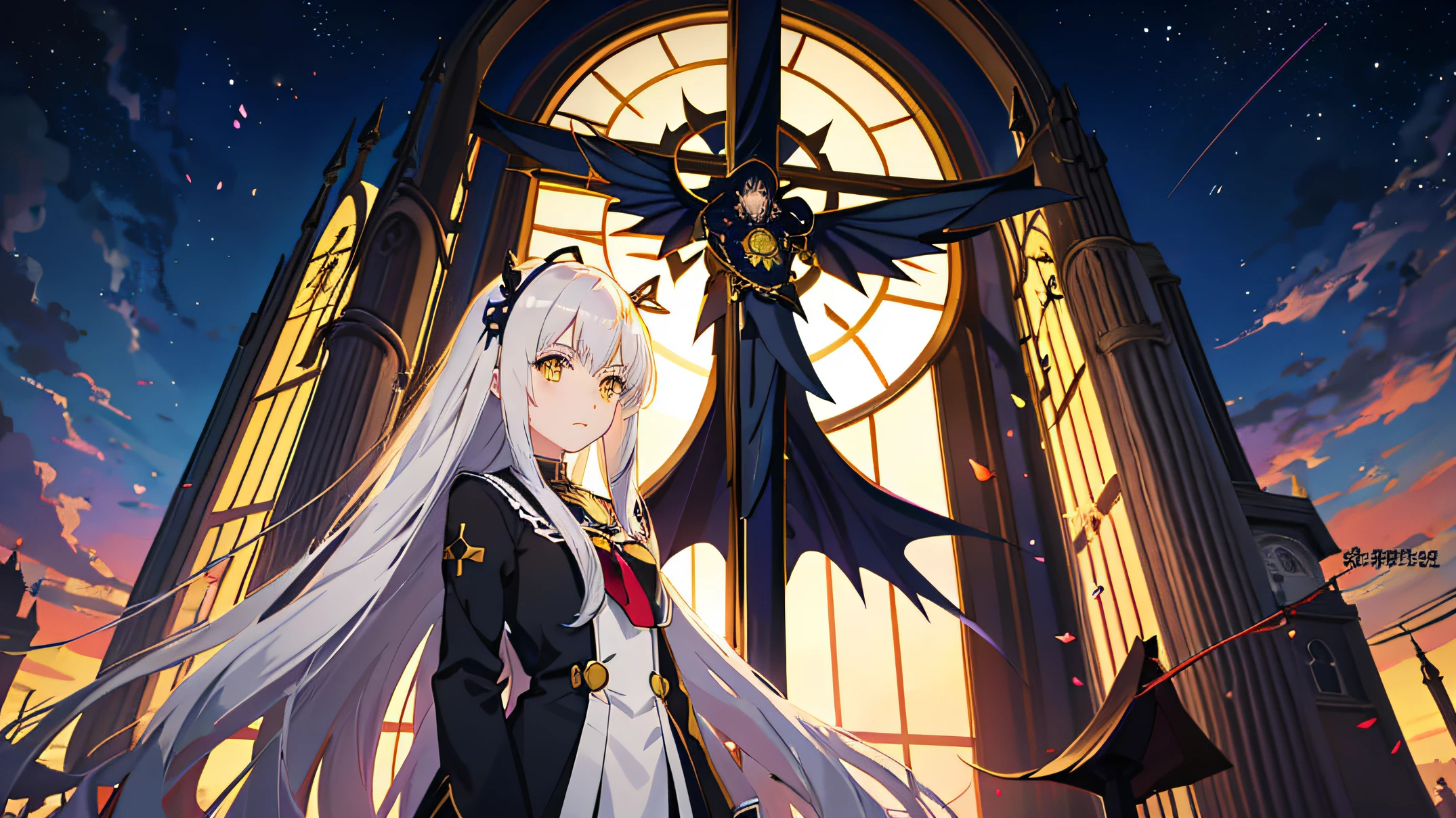 Anime girl with long hair and yellow eyes standing in front of church, anime moe art style, anime style like fate/Stay Night, Gothic Maiden anime girl, Anime visuals of cute girls, by Jin Homura, Anime Girl with Long Hair, marin kitagawa fanart, iwakura lain, portrait gapmoe yandere grimdark, High quality anime art style