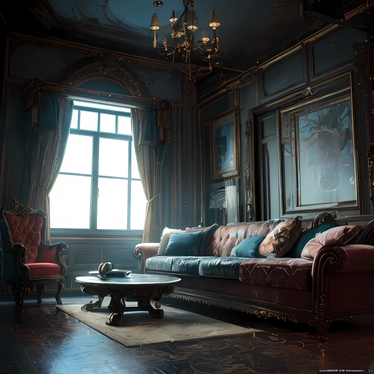 there is a room with a couch, cadeira, lamp and a window, art nouveau octane render, Pintura fosca renderizada em 3D, 3D render e pintura fosca, lindo render 3d, unreal engine render concept art, Unreal Engine 3 D renderização, stuning fantasia 3 d render, arte conceitual escura fotorrealista, cinematic 3d render, dramatic lighting render