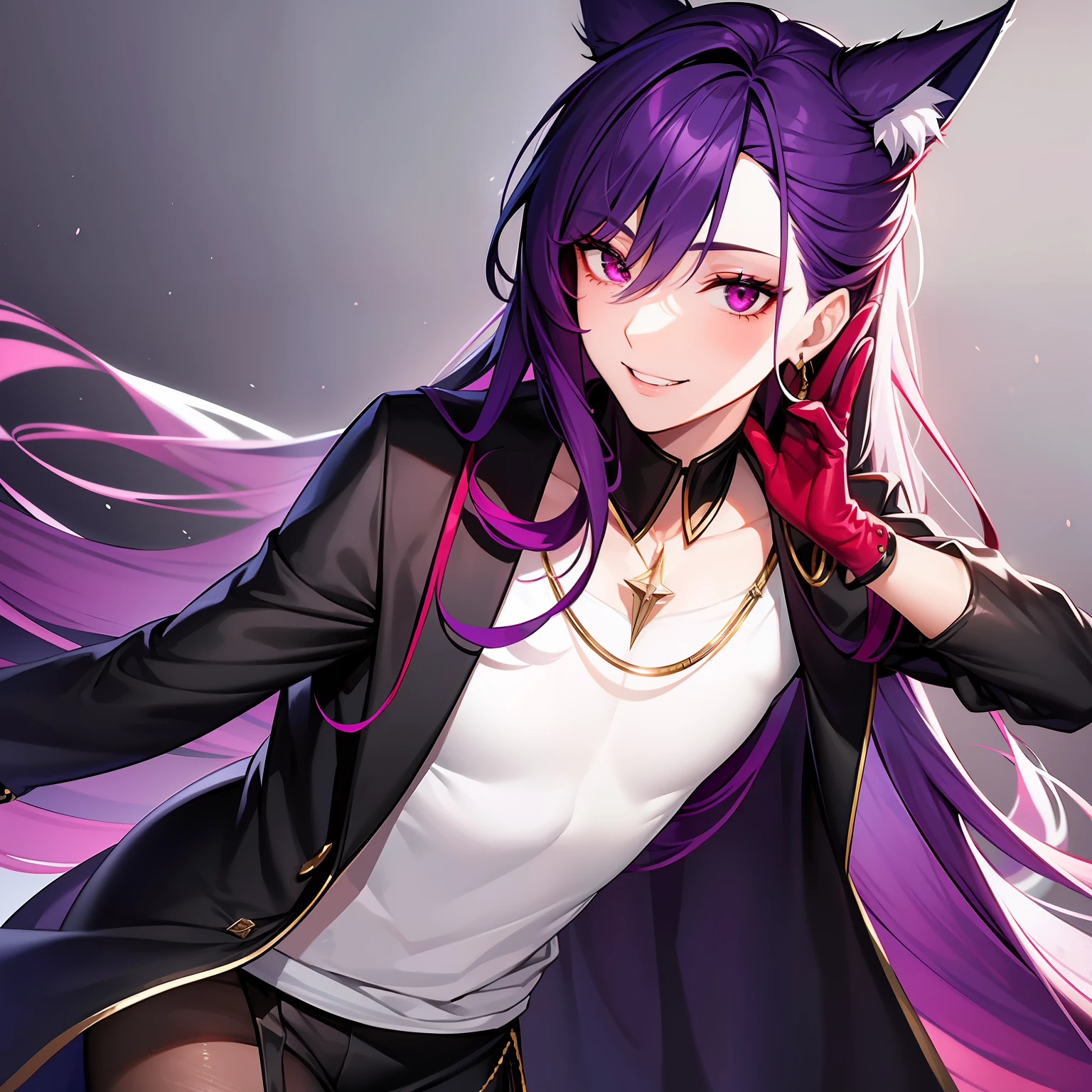 A young guy, feminine facial features, dark purple hair gathered in a low bun, faded red eyes, white strict clothes with free light sleeves with lots of jewelry, long black gloves, fox ears and tail, tired smile