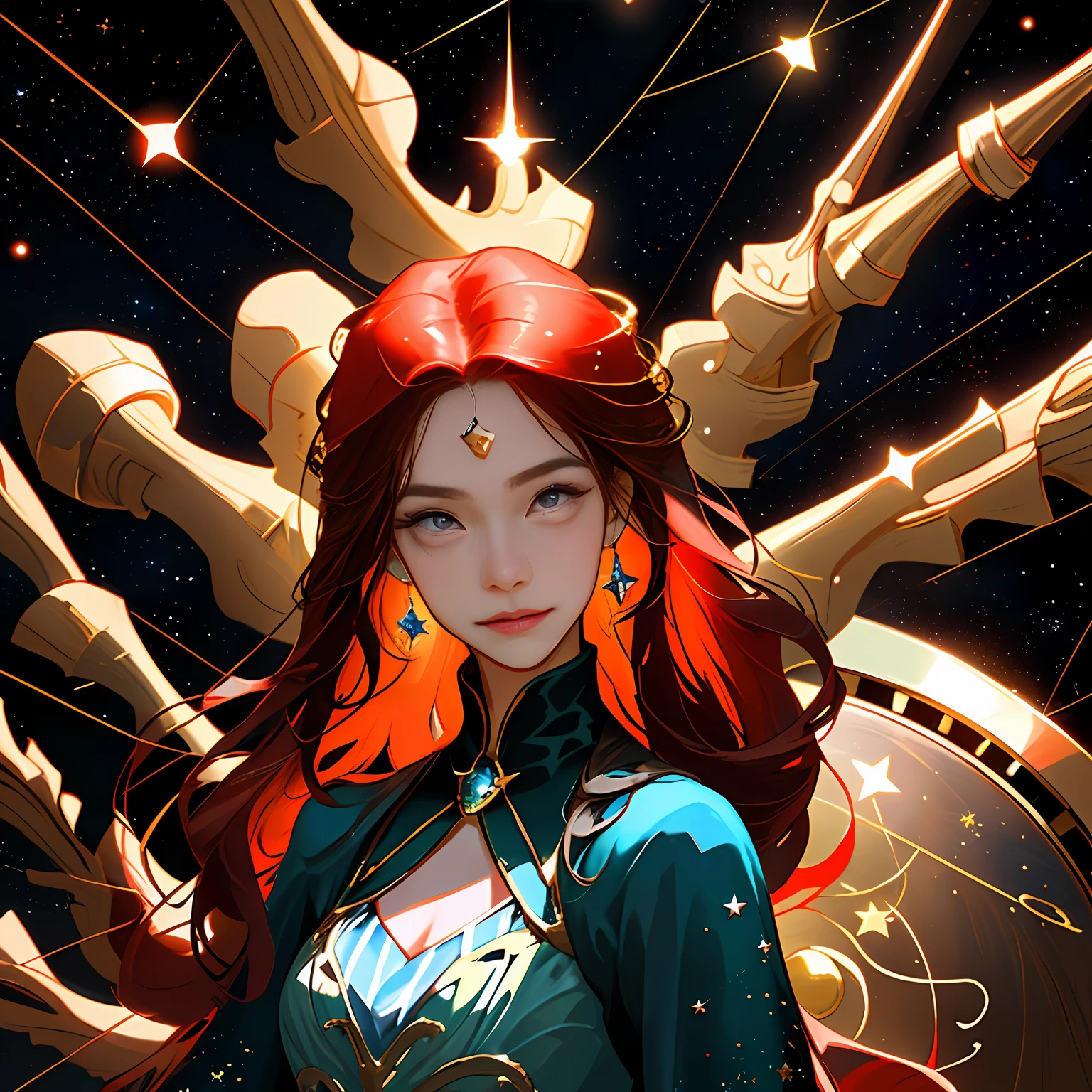 ultra-detailed representation,Infinitely detailed representation,Scenes of fatal blows,Full of mysterious and unforeseen forces. A Goddess woman. Fantasy Chic Sexy Stars Clothing. Thin face. Gray eyes. Light red long red hair. Space with stars in the background and clock hands. Predominant gold and blue colors high quality. Holding a constellation. Calm face. Gentil smile.