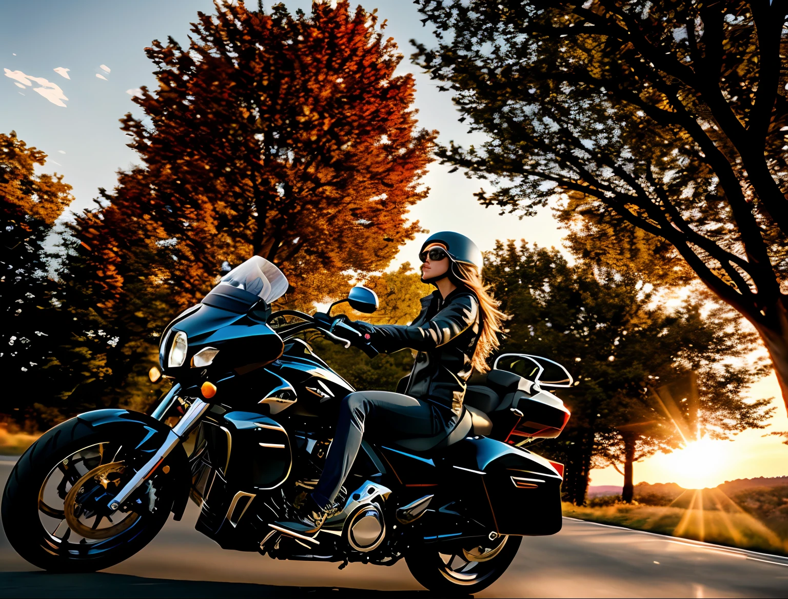 A beautiful woman driving a motorcycle coming towards the background of the camera autumn trees sunset movie scenery depth field 1:2 ultra realistic well detailed masterpiece intricate photorealistic 8k award-winning action film extremely realistic photo sharp focus canon lens 50 mm large composition
