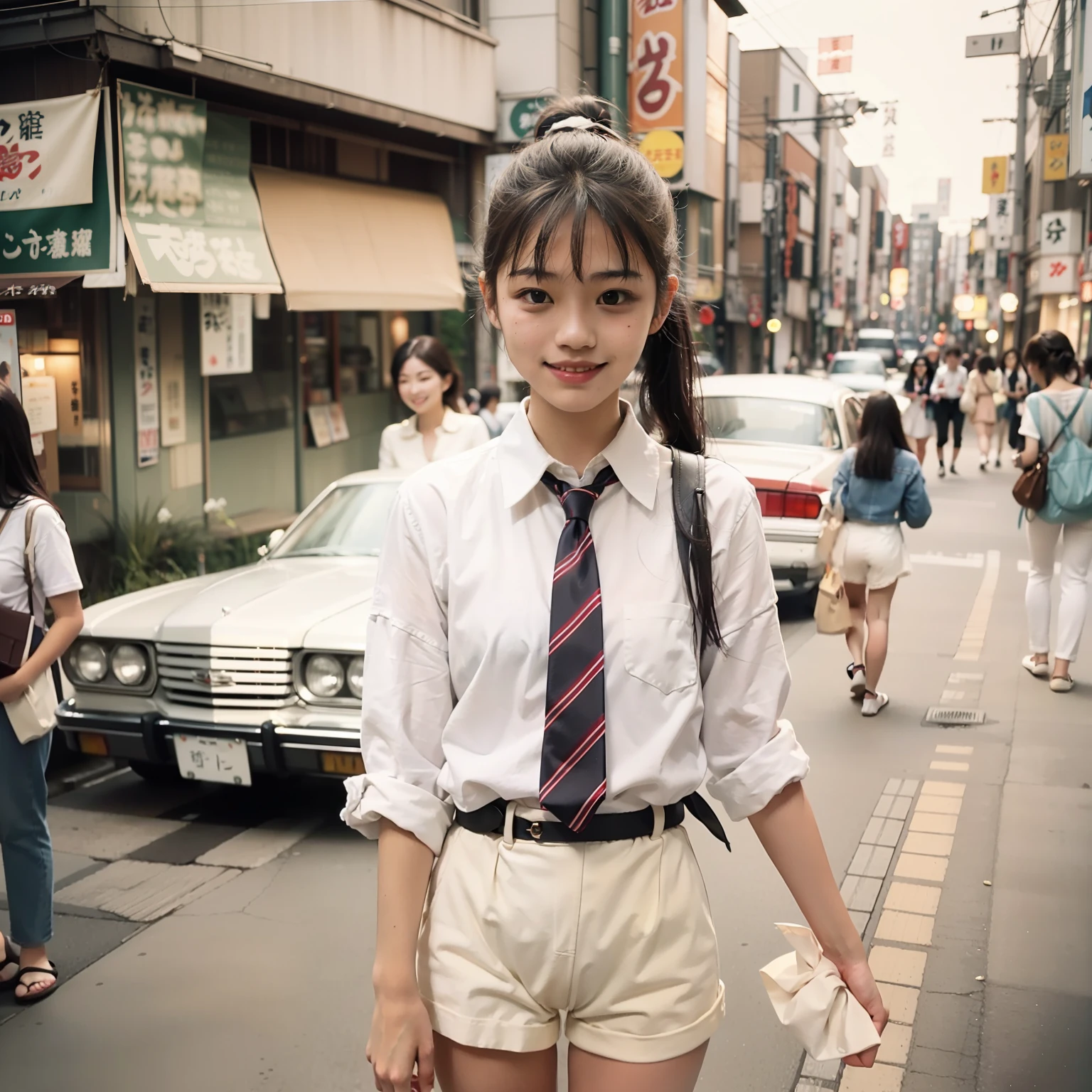 analog style, photo, photography, polaroid shot, vintage 1980, film shot, 15yo teen girl, japanese, slim, ponytail, white shirt, tie, white panties, small breast, smile, tokyo street, evening,