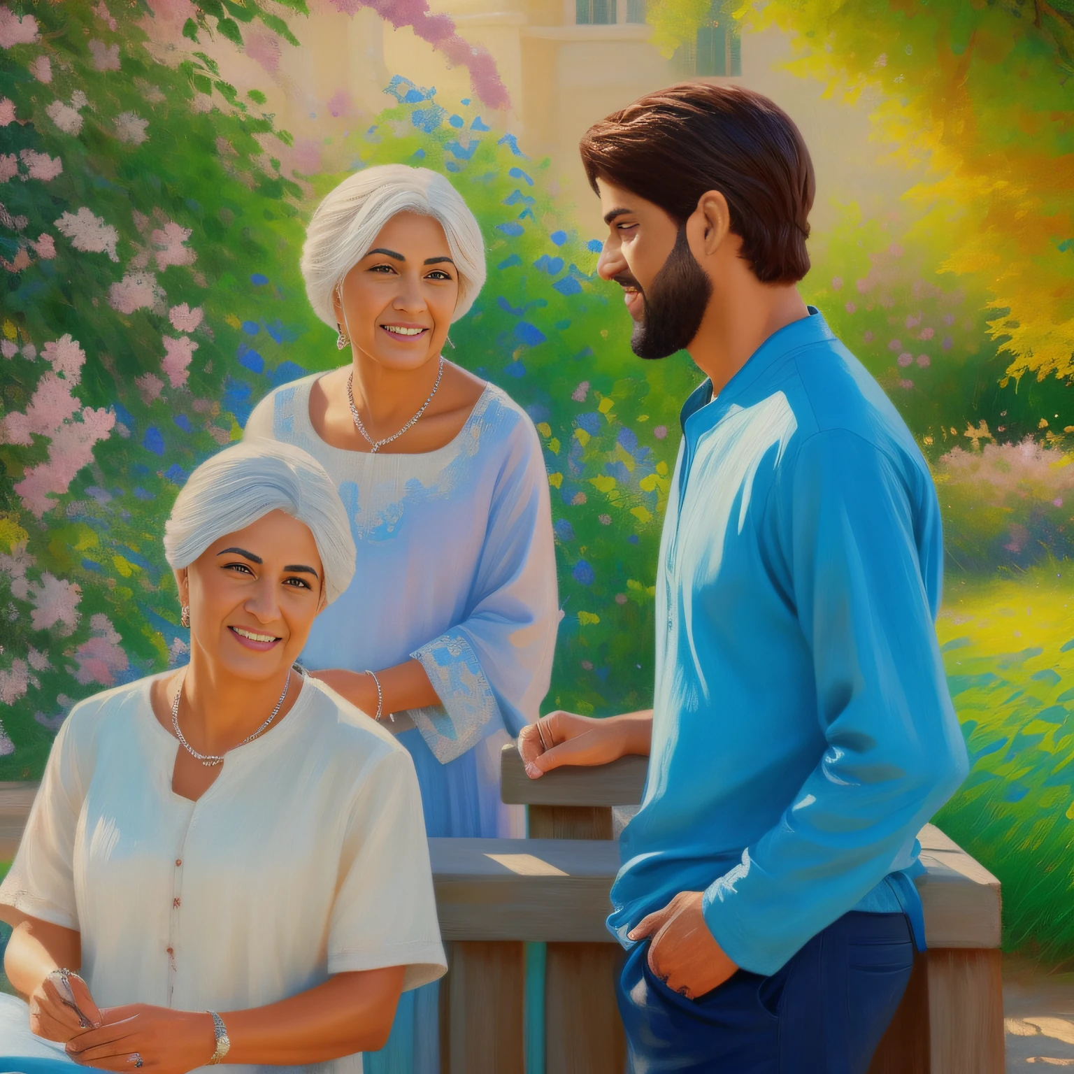 Sogra conversando com genro. estilo de pintura: "impressionismo", com cores vibrantes bem definidas em 8K. Paint in such a way that the characters are easily recognizable and reveal the perfection of the characters' facial expressions.