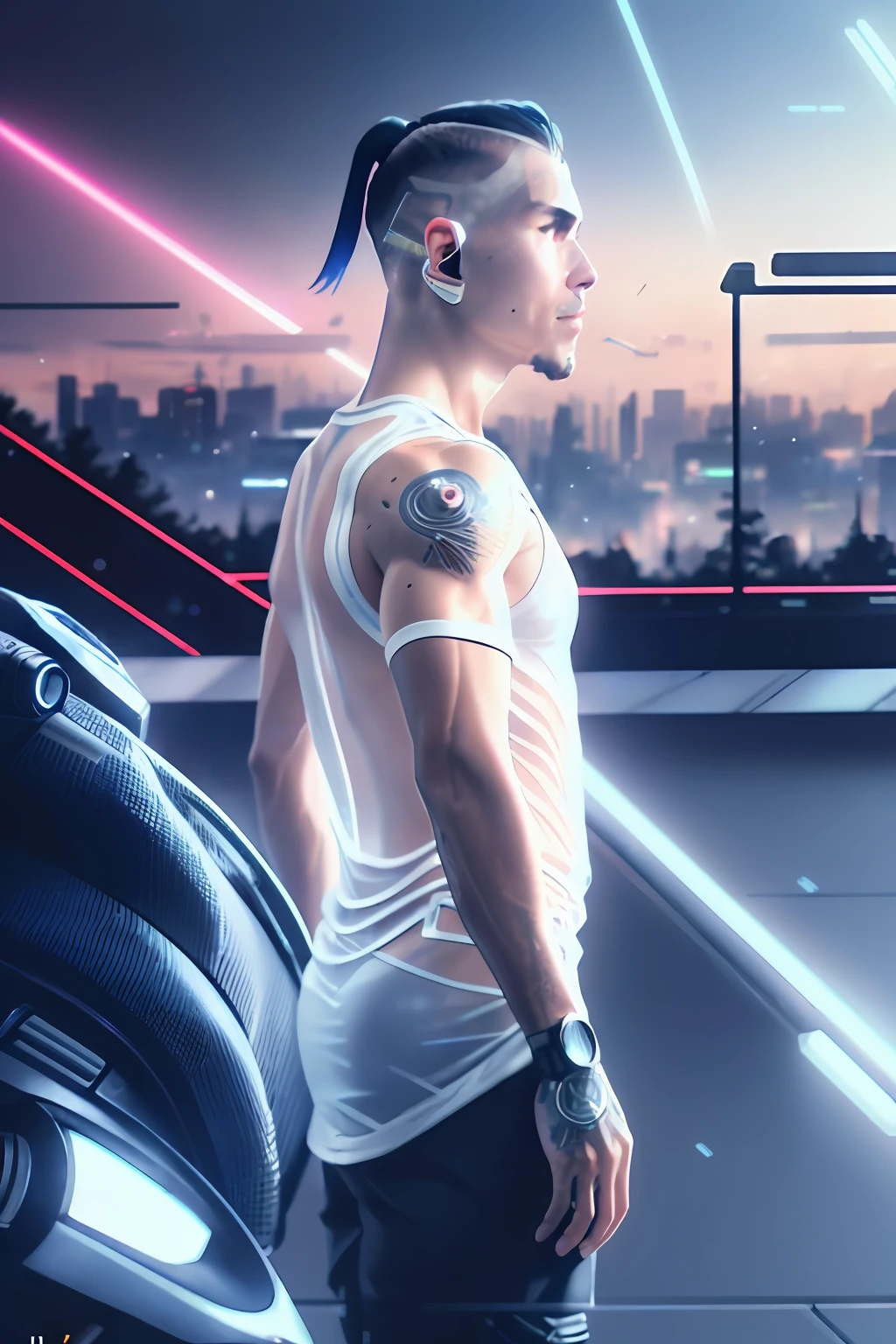 Dystopian, [sci-fi], High Detail RAW color Photo, Full Shot, rear angle, close-up photo of (brutal guy cyborg, wearing see-through white chemise), (igppv01:1.8), outdoors, standing, on overlook, looking out at sprawling cyberpunk city skyline), powerful fit body, perfect face, seductive look, (cybernetic implants:1.2), (augmentations), (cyborg:1.1), (detailed skin, diffused skin pores), metal, (highly detailed, fine details, intricate), (lens flare:0.5), (bloom:0.5), smog, dust, (badlands:0.8), (observitory:0.7), raytracing, specular lighting, shallow depth of field, photographed on a Sony Alpha 1, EF 85mm lens, f/2.8, hard focus, smooth, cinematic film still, [Cyberpunk:Orwelian:12]