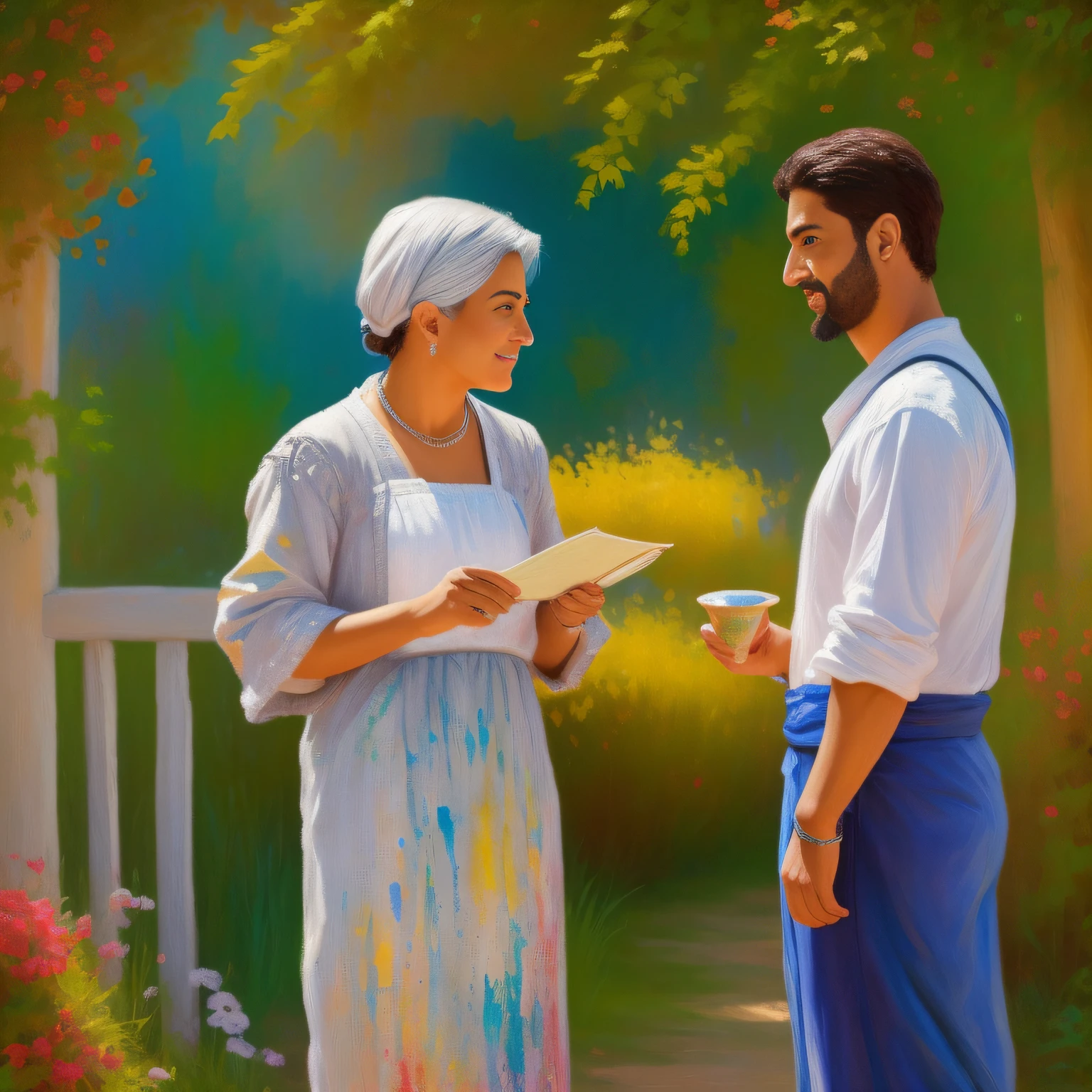 Sogra conversando com genro. estilo de pintura: "impressionismo", com cores vibrantes bem definidas em 8K. Paint in such a way that the characters are easily recognizable and reveal the perfection of the characters' facial expressions.