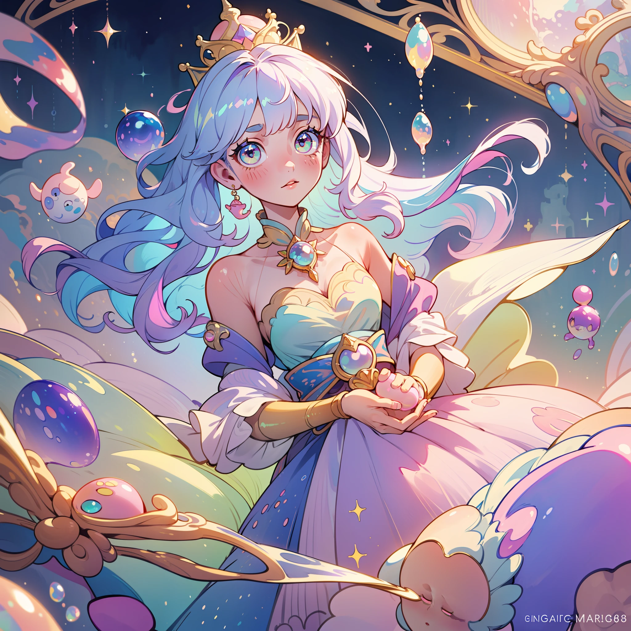 masterpiece, best quality, 8k resolution, sharp focus, intricate detail, beautiful girl, sparkling eyes, golden ratio face, otherworldly liquid, watercolor, ((pastel colors)), bright colors, whimsical, colorful, sharp focus, high resolution, fine detail, princess fantasy ballgown, ((round eyes)), iridescent bubbles, castle landscape in background