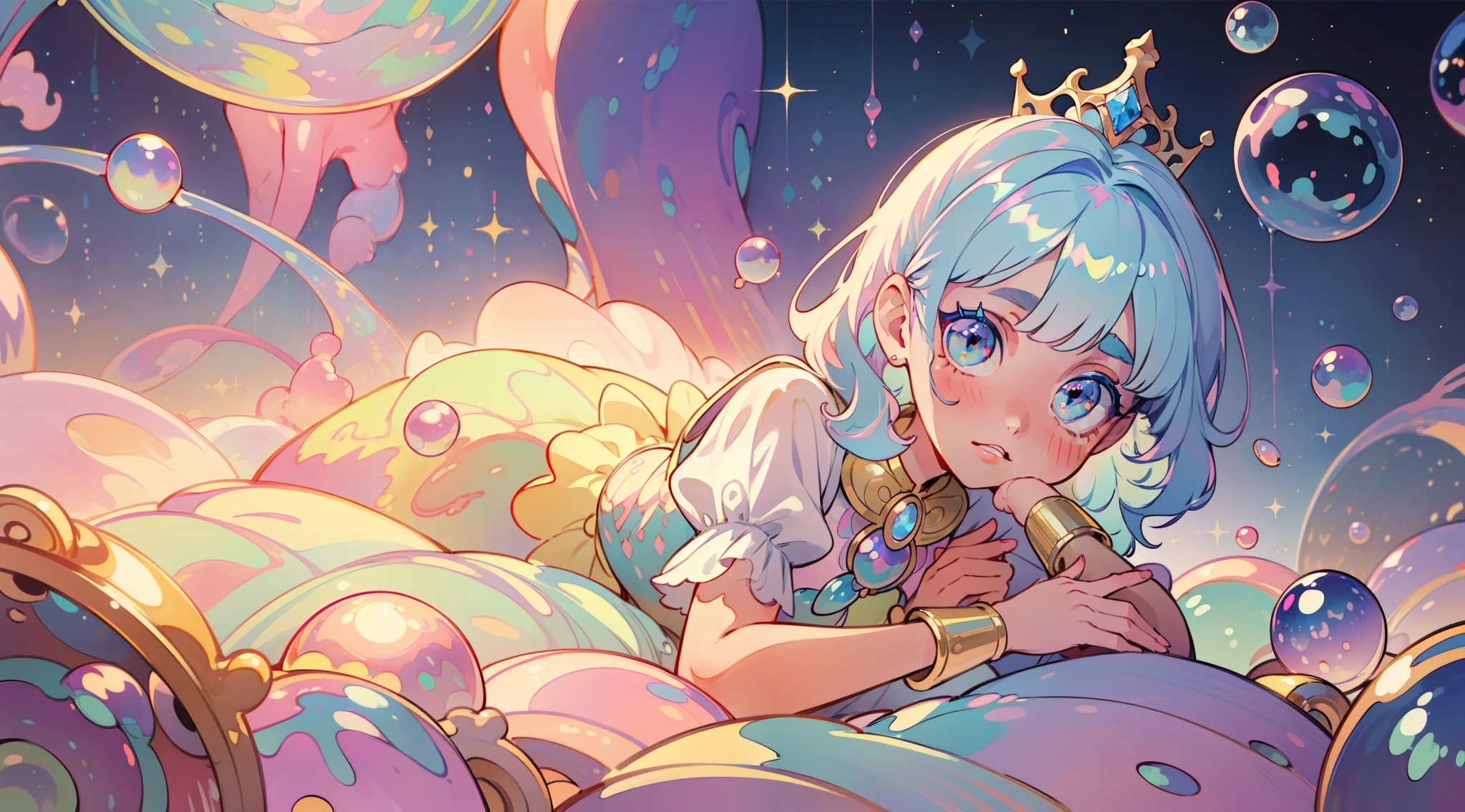 masterpiece, best quality, 8k resolution, sharp focus, intricate detail, beautiful girl, sparkling eyes, golden ratio face, otherworldly liquid, watercolor, ((pastel colors)), bright colors, whimsical, colorful, sharp focus, high resolution, fine detail, princess fantasy ballgown, ((round eyes)), iridescent bubbles, castle landscape in background