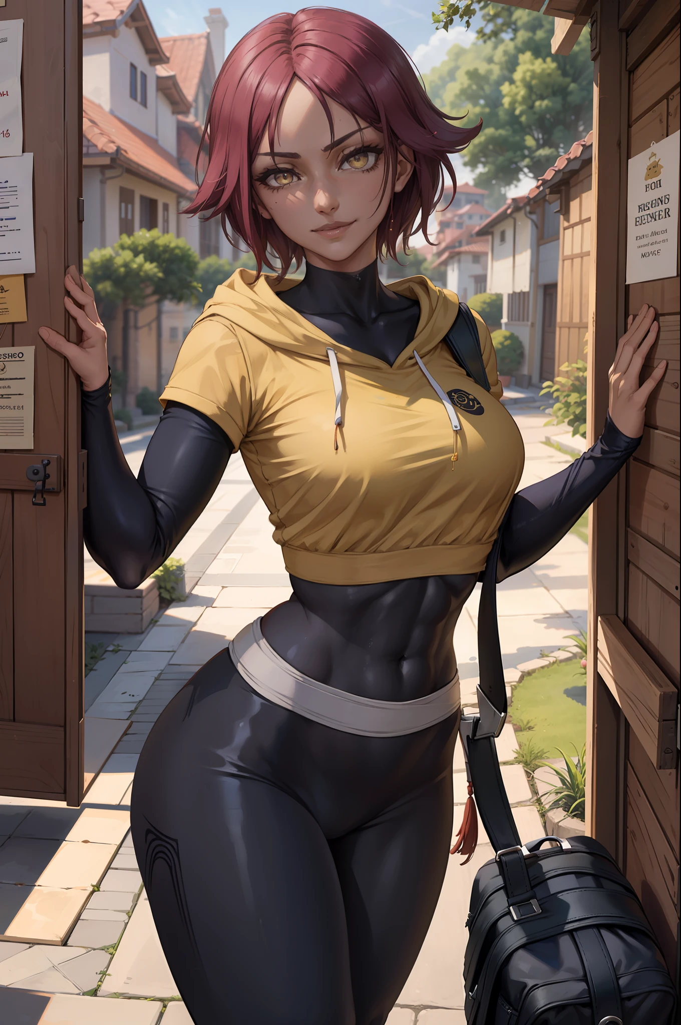 (Obra maestra, La mejor calidad:1.2), solamente, 1girl, shihouin yoruichi, sonrisa afectada, Mirando al espectador, manos en las caderas, cola, ojos realistas, La mejor calidad, boca cerrada, beautiful lighting, Kinematic, 8k, facial, wet face, liner, paredes de madera, tetas medianas, sudadera amarilla, leggings, caderas anchas, ojos amarillos, erotismo