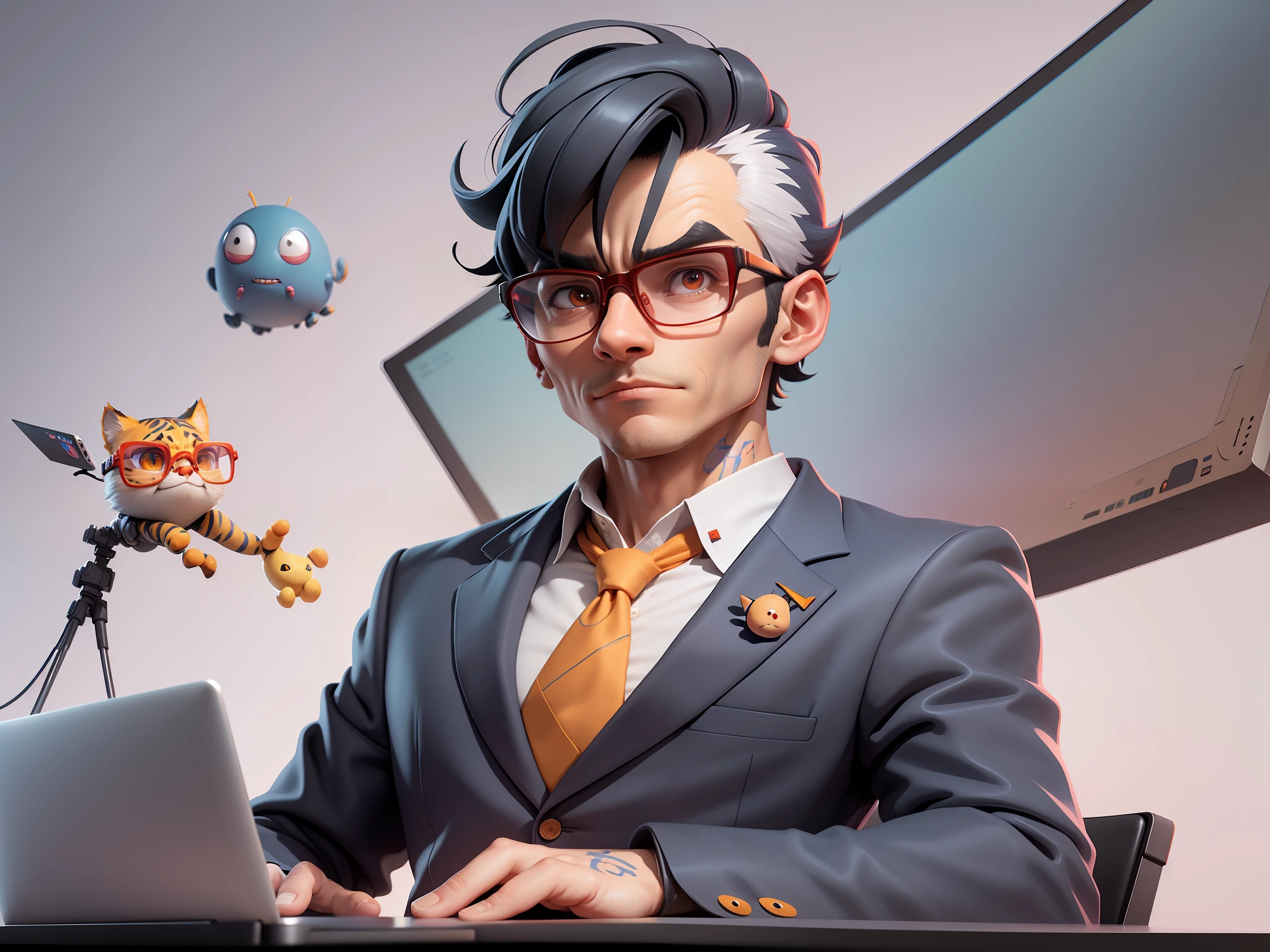 A young man in a suit, Short hair and glasses sat at his desk,holding laptop,digitial painting,tigre,3D character design by Mark Clairen and Pixar and Hayao Miyazaki and Akira Toriyama,4K HD illustration,Very detailed facial features and cartoon-style visuals。