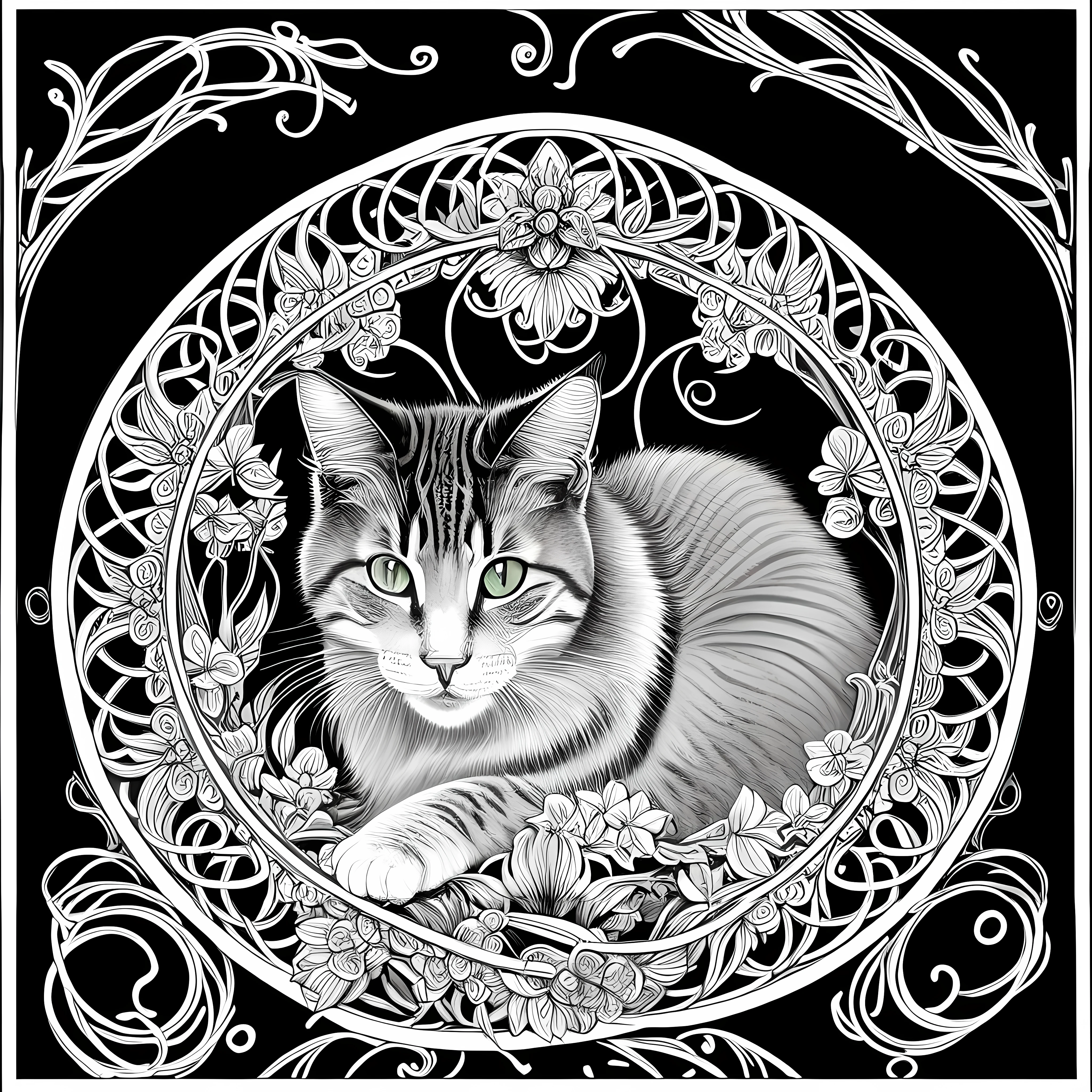 um close up de um gato deitado em uma moldura decorativa, gato detalhado, Linework altamente detalhado, Alex Gato Cinza, arte excessivamente detalhada, trabalho de linha extremamente detalhado, trabalho de linha insanamente detalhado, arte altamente detalhada, arte detalhada limpa, highly detailed and hypnotic, linha de trabalho detalhada, arte de linha hiper detalhada, Detalhe muito completo, black and white coloring