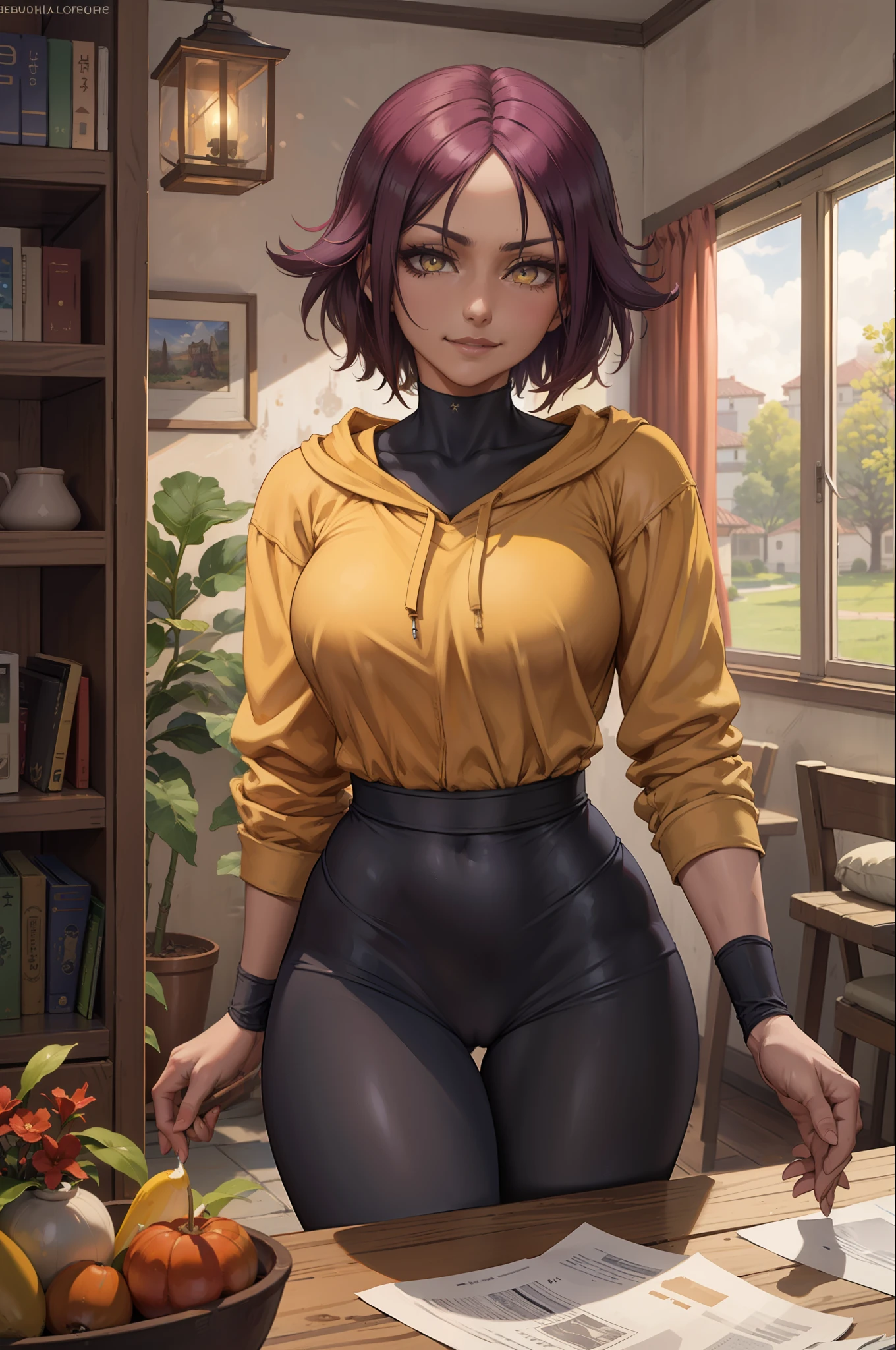 (Obra maestra, La mejor calidad:1.2), solamente, 1girl, shihouin yoruichi, sonrisa afectada, Mirando al espectador, manos en las caderas, cola, ojos realistas, La mejor calidad, boca cerrada, beautiful lighting, Kinematic, 8k, facial, wet face, liner, paredes de madera, tetas medianas, sudadera amarilla, leggings, caderas anchas, ojos amarillos, erotismo