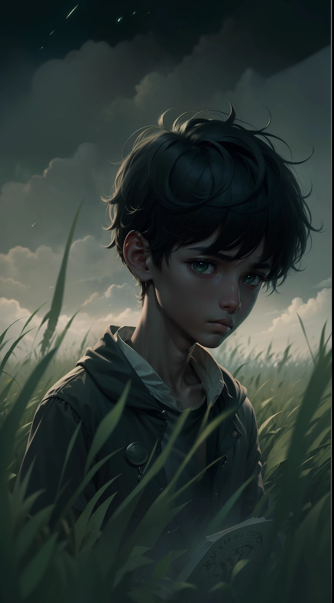 {(Darkness scene:1.2),(book illustration style:1.3),(8k wallpaper:1.1),(desolated:1.1)} (1 boy) [(black skin boy:1.2),(medium hair),(black hair),(12 years old),(black eyes),(sad),(depressed), (Social clothes)] (background: green field)