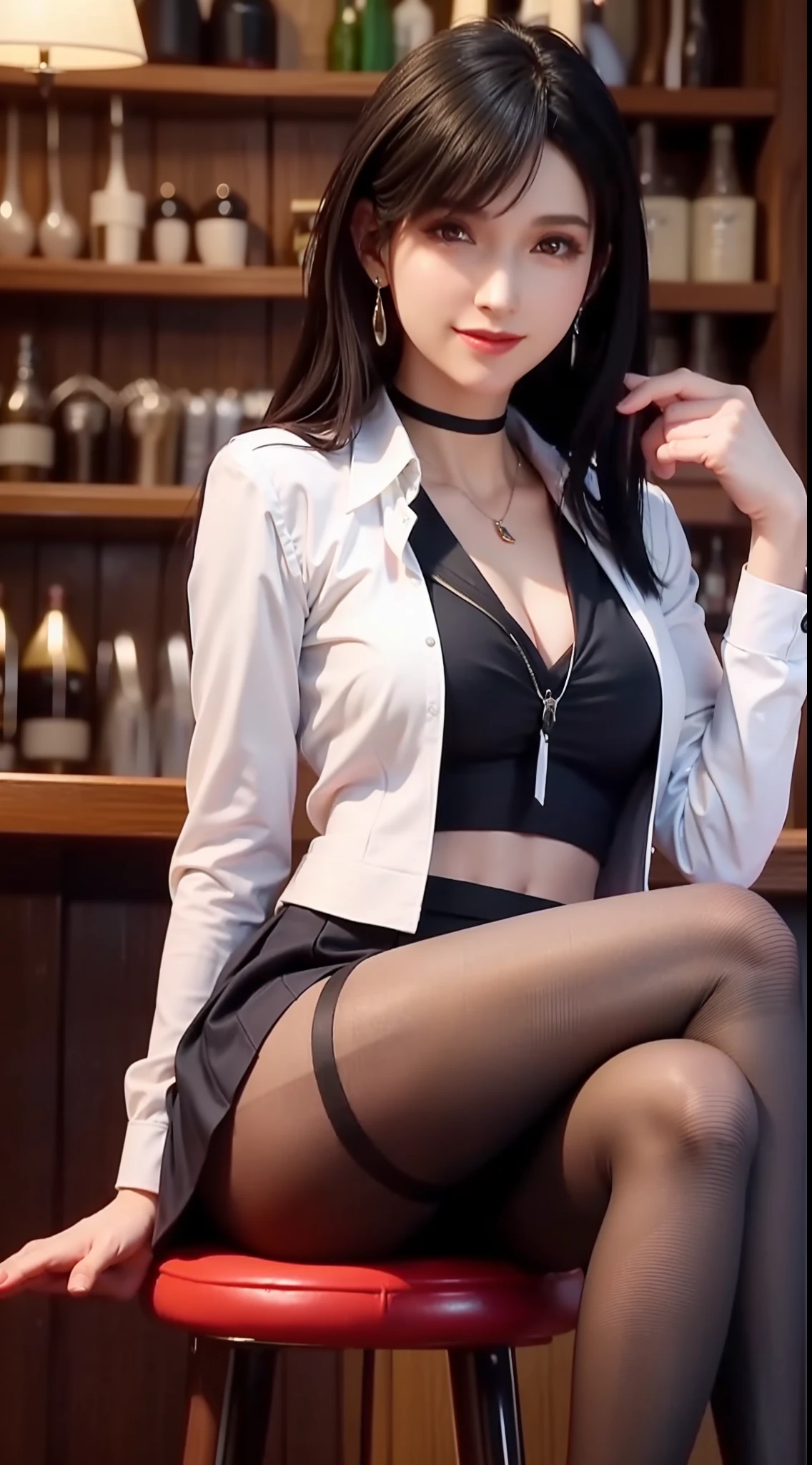 Exquisite, masterpiece, beautiful details, colorful, delicate details, delicate lips, intricate details, large breasts, 1 female, (a beautiful 20-year-old cute Korean woman: 1.1), (kpop idol, Korean mixed), (50mm Sigma f/1.4 ZEISS lens, F1.4, 1/800s, ISO 100, photograpy:1.1), (brunetize: 1.2), (photorealistic:1.4 ), (SPY:1.2), (Open Jacket,Shirt, Skirt,Tie,Black Pantyhose,Christian Louboutin\(Brand\),:1.3), Earrings, Necklace, Armbands, (Tavern, Bar:1.2), (Beautiful Legs, High Girl, Skinny, slim_legs, thigh_gap, Model:1.2), Lens flare, viewed from the front, (Happy smile: 1.1), dynamic pose, (makeup: 1.2), sitting on a bar stool,