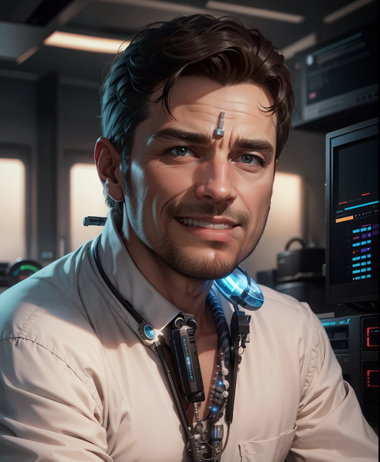 Realistic 4k, character wearing Scientist uniform, with equipment working in lab, ultra realistic hd. Don't change face, change background to lab, can change position and everything else.