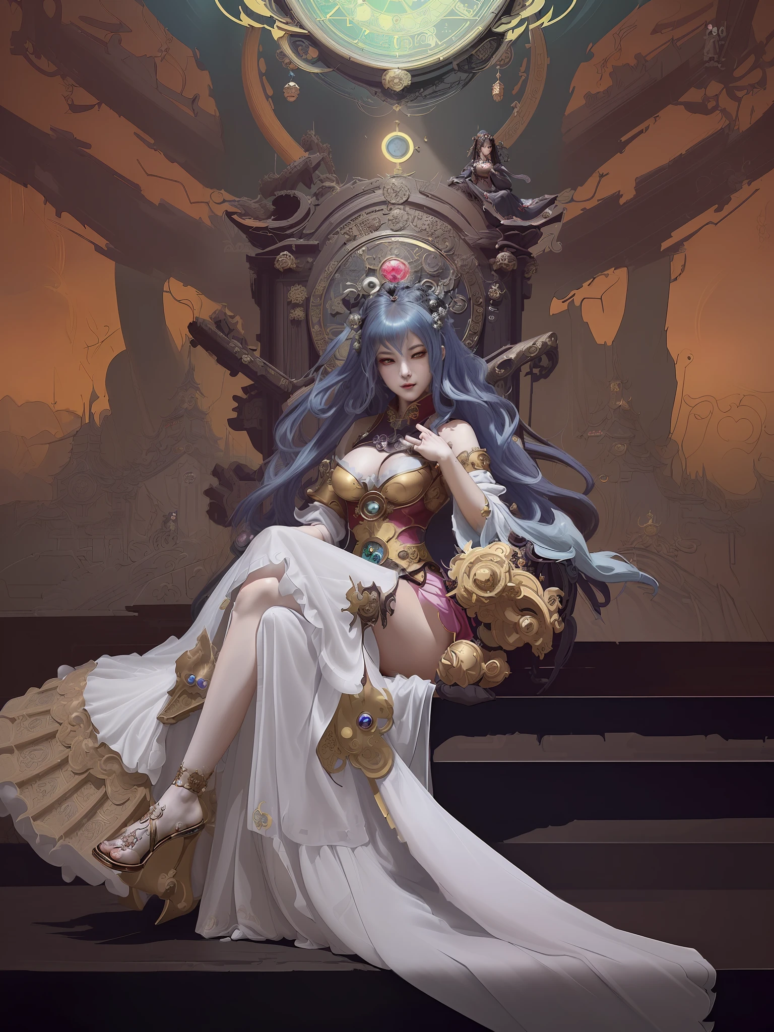 there is a woman in a costume sitting on a large clock, rococo cyberpunk, sit on a time machine, ornate cosplay, a beautiful fantasy empress, ((a beautiful fantasy empress)), extremely detailed goddess shot, guweiz, palace ， a girl in hanfu, artwork in the style of guweiz, intricate ornate anime cgi style, japanese goddess, guweiz masterpiece