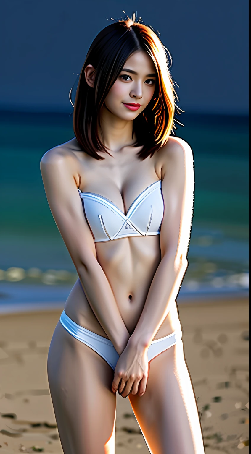 ((top-quality、16 K、​masterpiece:1.3))、Canon EOS、RAW images、rialistic photo、1girl in、japanes、High 、A-cup body shape、flat breast、Pretty women:1.3、A-cup、very slender body:2.8、(Longhaire、Super small breasts:1.2)、very flat chest、very slender body、Athlete Abs、Orange Micro Bikini、Strapless Bras、Nipple sheer:2.2、Summer sandy beach、二重まぶた、fullllbody、A slender、model poses、Inter-strands、Slender figure、Hair in the wind、200mm telephoto lens、Delicate body、Very thin waist and waist