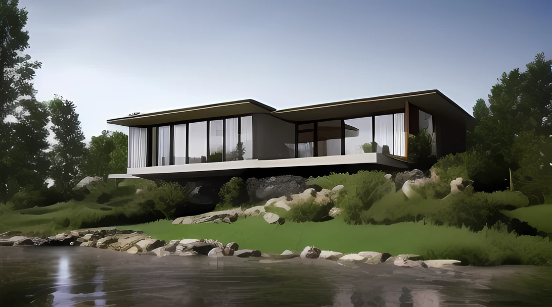 a rendering of a house on a hill with a lake in the foreground, architectural visualisation, architectural render, beautiful rendering, award winning render, lumion rendering, architectural 3 d render, em estilo de ultra realista, Casa Conceito, architectural visualisation, a digital rendering, architectural render, a photorealistic rendering, an award winning digital render, realism rendering