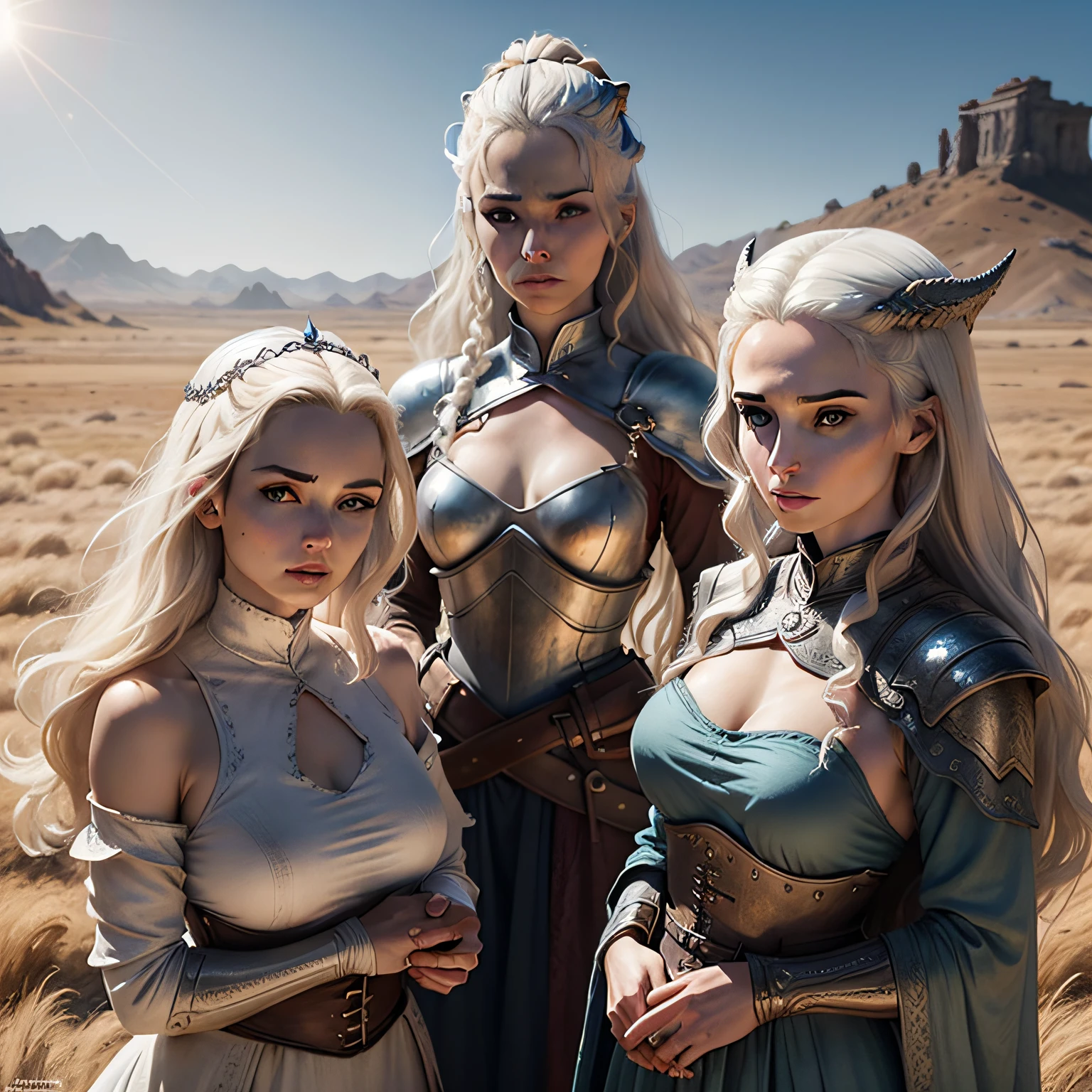 mulher de 25 anos Alta, cabelos prateados como a lua, piercing blue eyes queen of dragons alone in a warm plains with lots of sun Game ofthrones