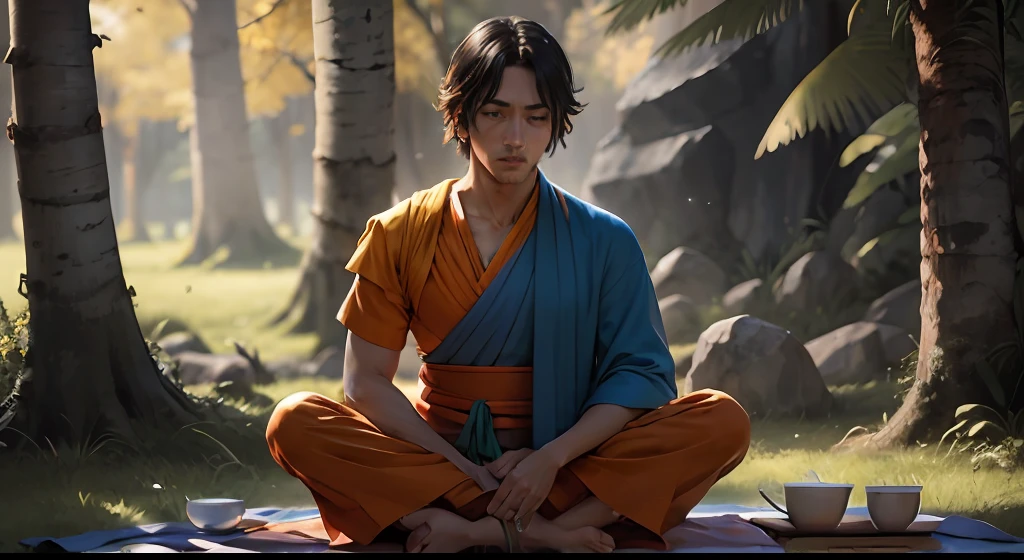 Homem oriental, olhos fechados meditando, CABELOS LONGOS PRETOS que flutuam com o vento, wearing orange tunic of Buddhist monks, (1st grade:0.782), (arquitetura:0.810), imagem ultra realista (estante:0.895), (olhos castanhos:0.620), (roupas monge tibetano laranja :0.812), (boca fechada:0.511), (cabelo facial:0.631), (Clothing Tunic :0.599), (Cabelos Longos:0.576), (Foco masculino: 0,812), sitting in a meditation position under a tree, no entorno uma linda floresta colorida, com montanhas, river and birds, raios de sol brilhantes no fundo, deslumbrante, emaranhado(tiro escuro: 1.4), 80mm, (tiro escuro: 1.4), 80mm, epic realistic,, Paulo Gauguin, Van Gogh, arte de greg Rutkowski e artgerm, soft Cinematic Light, Adobe Lightroom, photolab, HDR, intrincado, altamente detalhado, (profundidade de campo: 1.4), (foto escura:1.22), cores neutras, (HDR:1.4), (cores silenciadas:1.4), (Intrincado), (art-station:1.2), detalhes hiperdetalhados, Dramatic, Intrincado, (Technicolor:0.9), (Rutkowski:0.8), cinemactic, detalhado, luz suave, sharper, exposure blending, medium shot, Bokeh, (HDR:1.4), Alto contraste, (cinemactic, azul-marinho e laranja:0.85), (cores silenciadas, cores fracas, tons calmantes:1.3), low saturation, (hiperdetalhada: 1.2), (preto:0.4), luz suave, sharper, exposure blending, medium shot, Bokeh, (HDR:1.4), Alto contraste, (cinemactic, azul-marinho e laranja:0.85), (cores suaves, cores fracas, tons suaves:1.3), low saturation, (hiperdetalhado:1.2), (preto:0.4), (detalhes Intrincado:1.12) Realistic hands and feet high quality