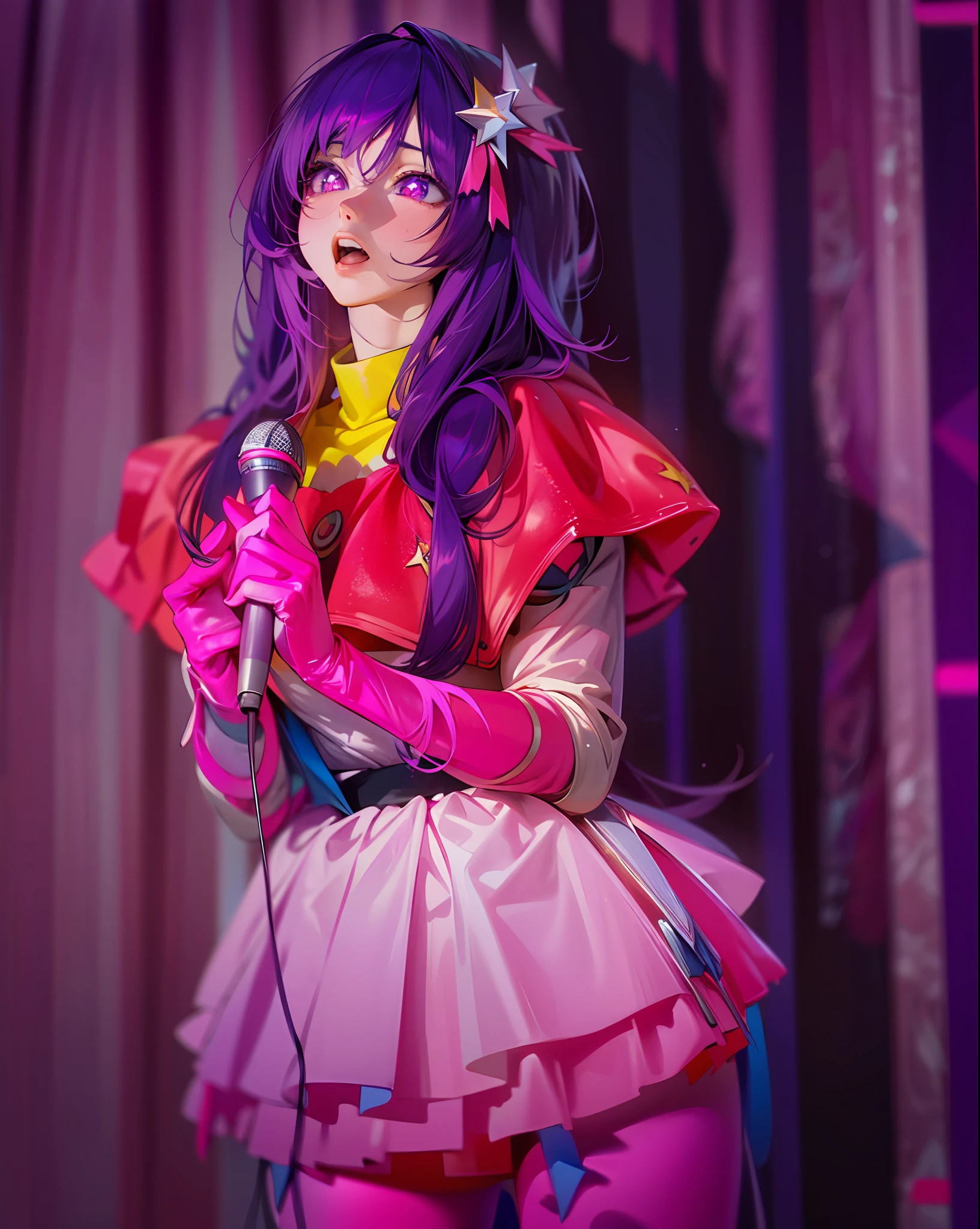 (Hoshino Ai:1.1) dressed in a pink outfit holding a microphone and a pink glove, long hair, (purple hair), purple eyes, star-shaped pupils, upper legs, stage light, Purple eye, star-shaped pupils, Detailed eyes, Purple colored hair, holding microphone, anime cosplay, anime girl cosplay, posing as a Oshi no Ko character, cosplay, professional cosplay, glamourous cosplay, cosplayer, cosplay photo, acurate, upper teeth, Realism, cowboy shot, Wide-Angle, 35mm, 85mm, UHD, highres, 4K, 8k, (award winning:1.2), high details, super detail, high quality, best quality, (anatomically correct:1.2),