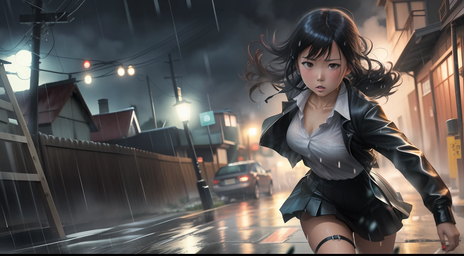 Cinematic distance long-shot low-angle front low view of "Chiyo Kurihara prison school" soaked wet Japanese girl running, windy, rainy dark night, wearing a leather jacket and a translucid v neck short shirt and a black skirt flowing with the wind and leather boots, very short hair, in an old empty town, hyper realistic manga style black inked, front view, 4k resolution