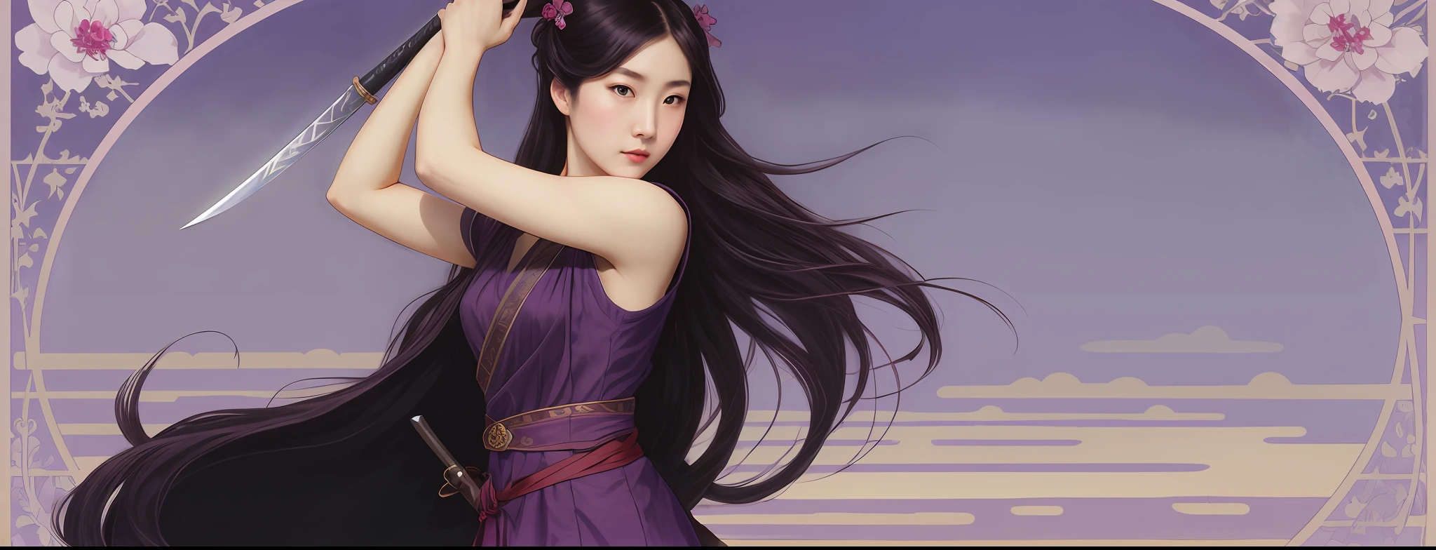 a beautiful ninja, young woman, Korean eyes, detailed face, attractive, holding a katana, long dark hair, demure fuschia purple outfit, full body, Abigail Larson, Alphonse Mucha, Anton Pieck, muted color, masterpiece, ultra high res, high quality,