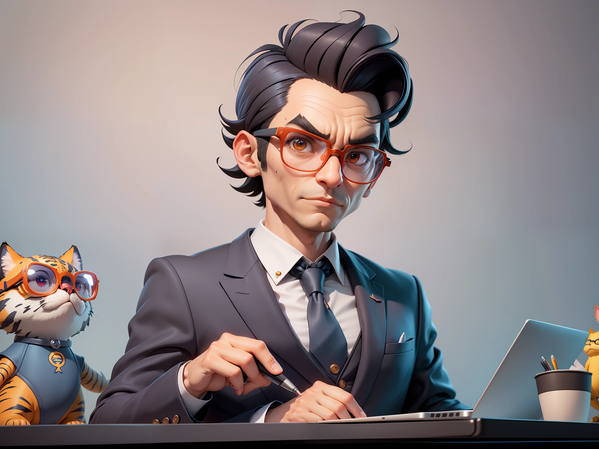 A young man in a suit, Short hair and glasses sat at his desk,holding laptop,digitial painting,tigre,3D character design by Mark Clairen and Pixar and Hayao Miyazaki and Akira Toriyama,4K HD illustration,Very detailed facial features and cartoon-style visuals。