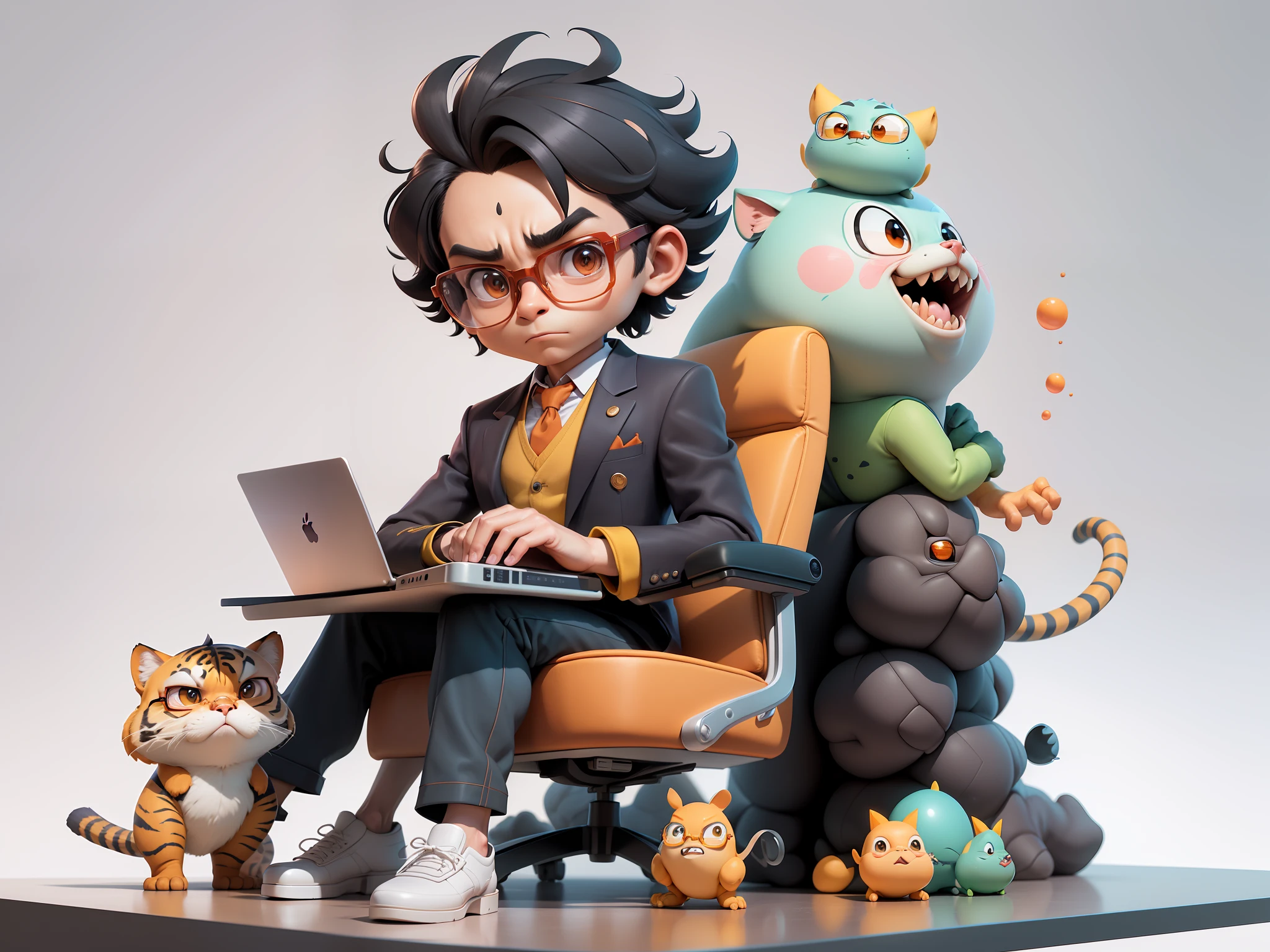 A young man in a suit, Short hair and glasses sat at his desk,holding laptop,digitial painting,tigre,3D character design by Mark Clairen and Pixar and Hayao Miyazaki and Akira Toriyama,4K HD illustration,Very detailed facial features and cartoon-style visuals。