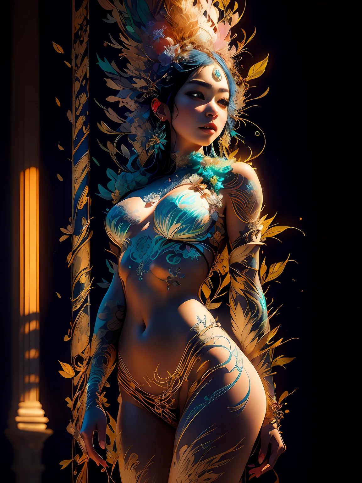 Create a beautiful tree, tree woman With the torso with a feminine silhouette. a perfect body With green leaves. digital drawing, perfect face, glowing skin, 8k concept art portrait, dynamic lighting, super detail, detailed image, fractal complex background, alcohol ink drawing.beautiful woman, a woman with black and platinum and gold hair, with a colorful outfit and a black background with paint splatters, by Hirohiko Araki, Official Art, Unity 8K Wallpaper, Ultra Detailed, Masterpiece, Best Quality, (Zenredar, mandala, tangle, tangle), 1 beautiful Caucasian haired girl platinum and black and gold, Dynamic Angle, The Most Beautiful Form of Chaos, elegant, bright colors, romanticism, By James Jean, Gerhard Richter, Takato Yamamoto, Ashley Wood, atmospheric, ecstasy of musical notes, transmission of visible musical notes, Style Wtrcolor, wind blown, Masterpiece, Beautiful, ((watercolor)), Paint splatters, Intricate details. [drip: 0.7], Trending on Artstation, Rachel Walker, Style-Painting-1900, A beautiful nude woman completely covered in paint floating in a pool, beautiful lighting, beautiful large detailed eyes, Nirvana, relaxed, paint drips, Spirals of Paint, Paint Splatter, (Beautiful Swirls of Paint Swirls), by Jeremy Mann, By Sandra Chevrier, vivid contrasting colors, chromatic aberration, black background, Best Quality, (realistic: 1.2), (high contrast: 1.2), gold and silver and bronze decoration, forest goddess, beautiful caucasian girl close-up, beautiful goddess fused with forest and trees, black hair fused with platinum and gold, nude girl, beautiful visible pubic area, pink pesons, small breasts a the view, pond of water in the garden, tattoos of mandalas and flowers on the naked body, floating old clock, lamp, lantern,pond of water in the garden,beautiful visible pubic area, pink pesons, small breasts a the view,full body, Sakimichan art, oriental mandala tattoo, fractal background, silver and gold and bronze spirit, floating antique clock, antique lamp
